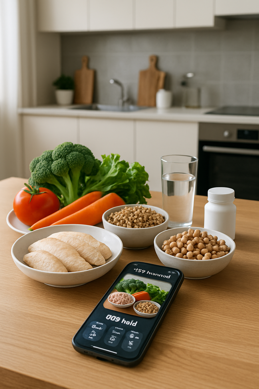 Smartphone displaying the SnapEat AI nutrition tracker app interface in front of a healthy athlete's meal of salmon and vegetables.