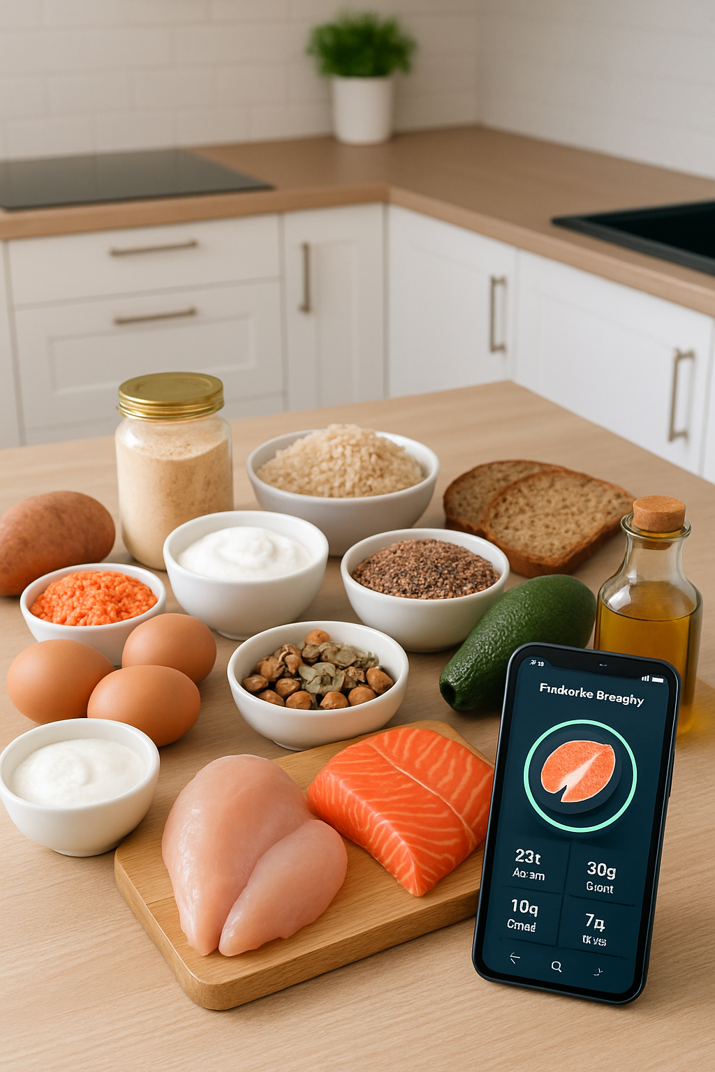 A smartphone showing the SnapEat AI food tracker app analyzing a healthy meal of salmon, broccoli, and quinoa, illustrating smart food tracking technology.