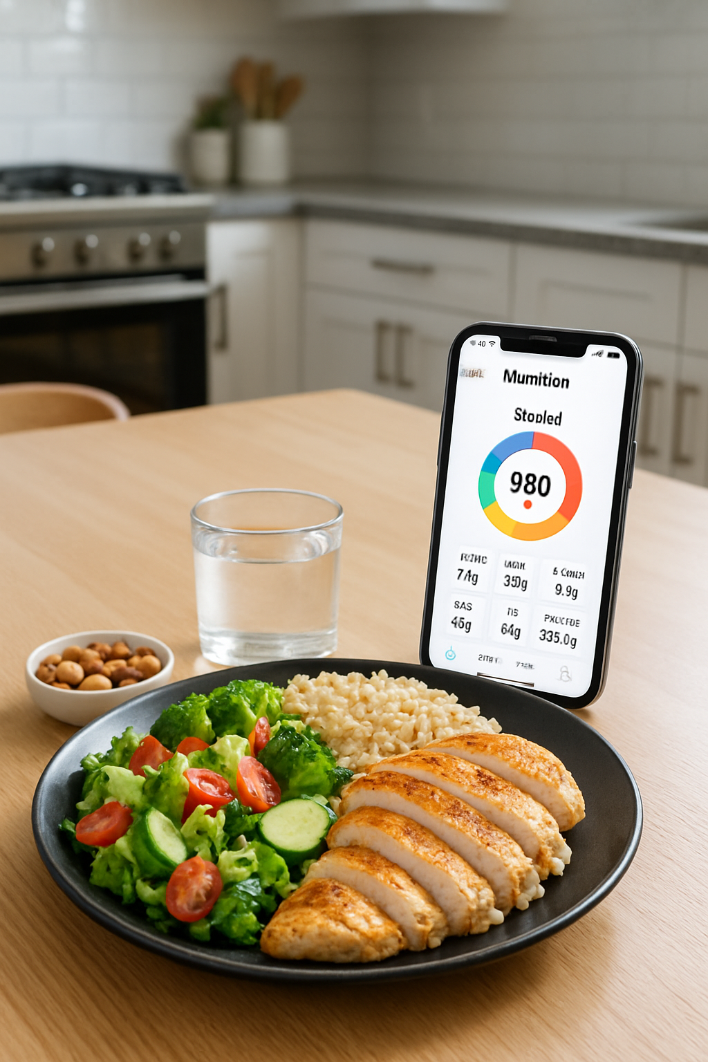 A vibrant, healthy meal on a plate with a smartphone next to it displaying the SnapEat AI nutrition tracker interface analyzing the food.