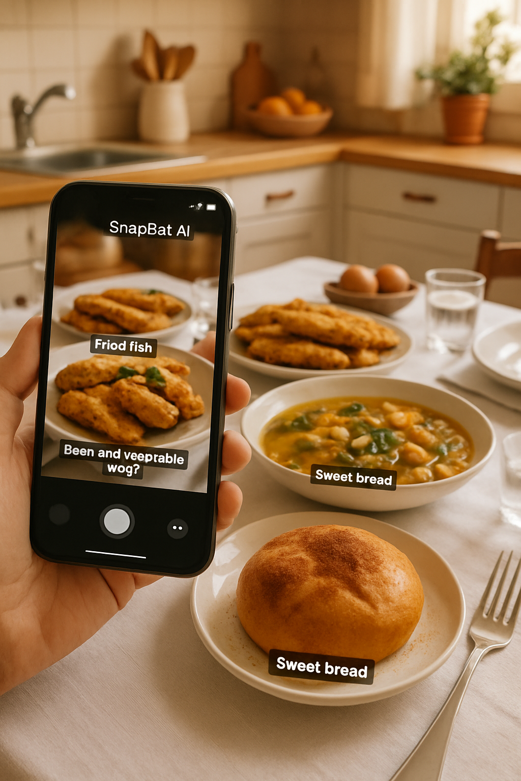 A plate of traditional Semana Santa food, torrijas, with a phone showing the SnapEat AI calorie counter app interface.