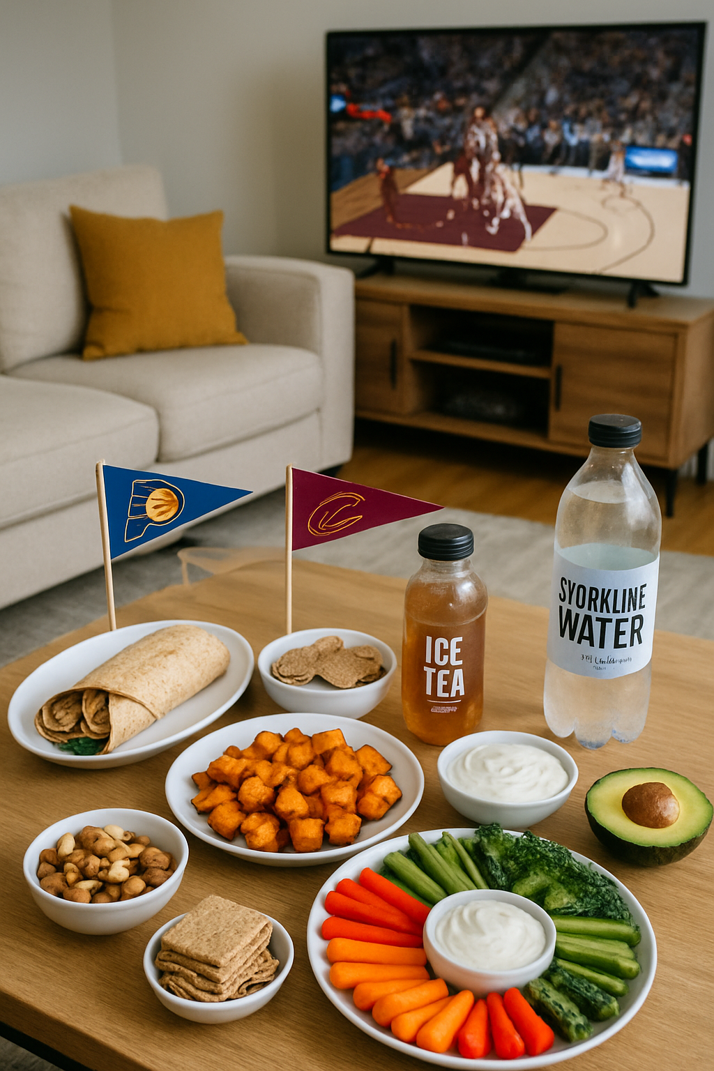 A vibrant and healthy game day nutrition spread with grilled chicken, vegetables, and dips