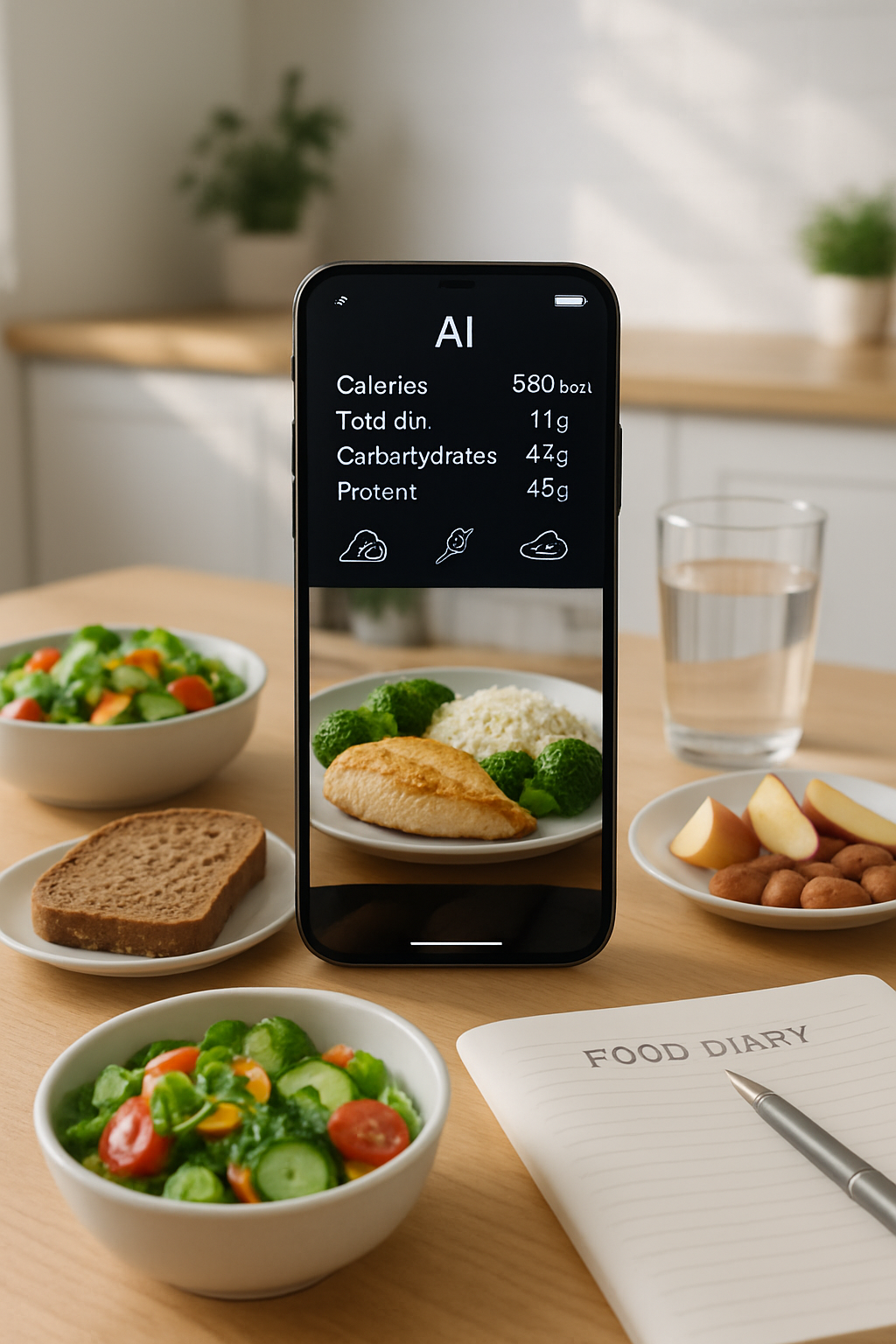 A healthy meal of salmon and vegetables being analyzed by the SnapEat AI smart calorie counter app on a smartphone.