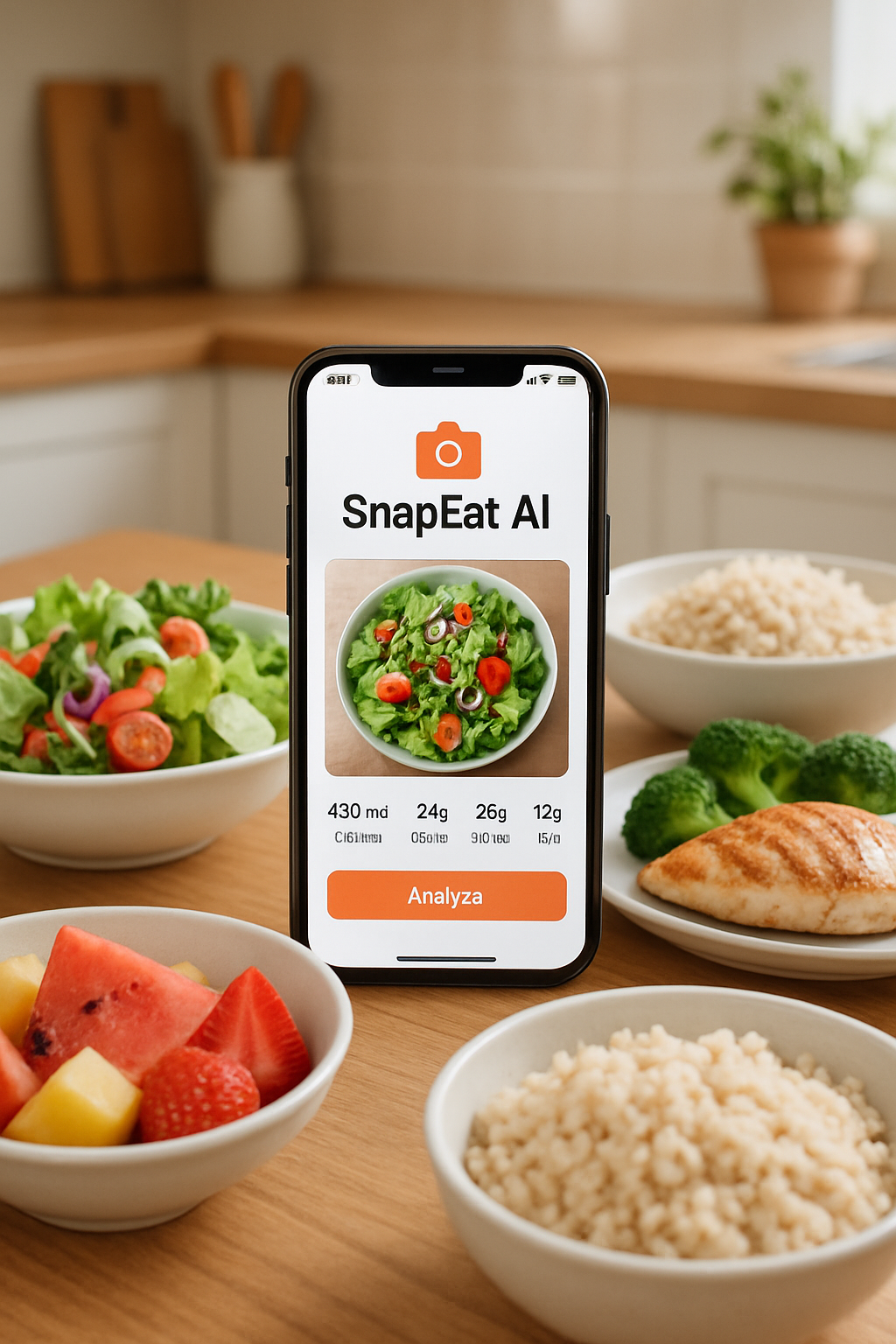 A person using the SnapEat AI nutrition coach app on their phone to scan a healthy bowl of salad, kickstarting their wellness journey.