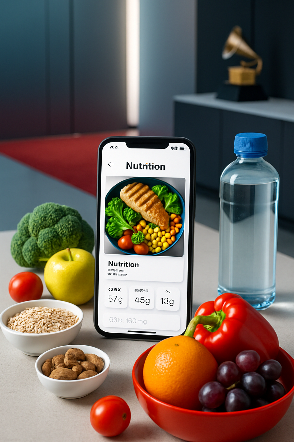 A hand holding a smartphone using the SnapEat AI meal tracking app to analyze a healthy salad, demonstrating the 'snap to track' feature.