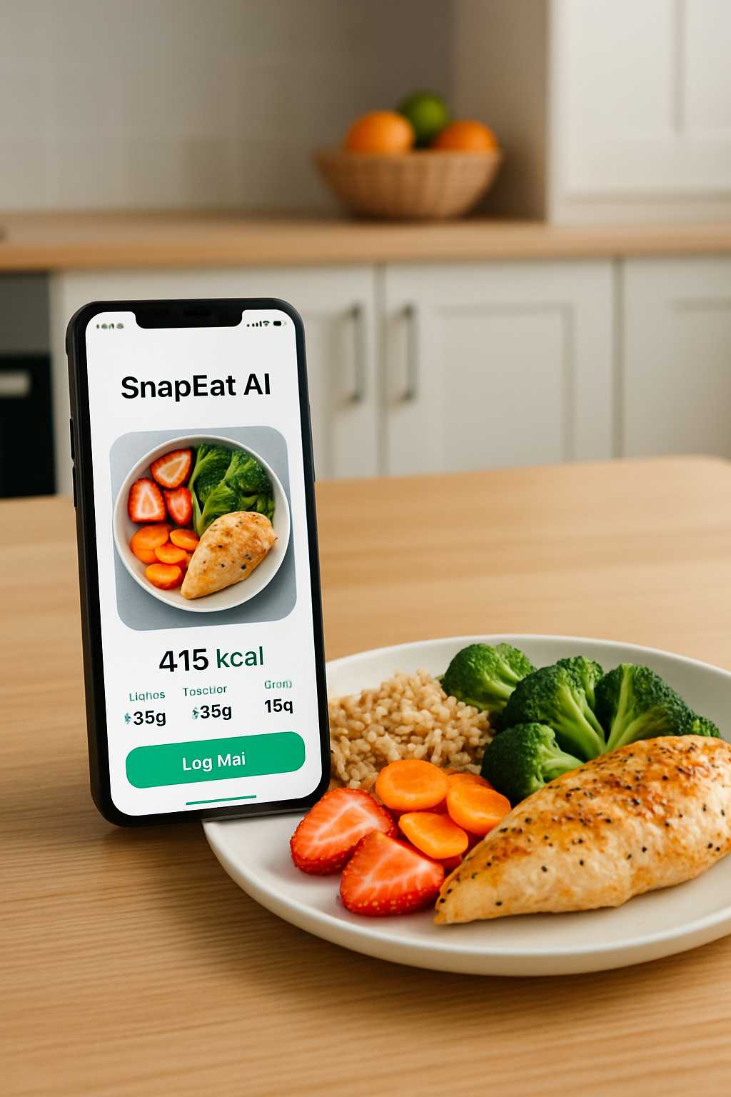 Fitness expert Steff Loaiza using the SnapEat AI meal tracker app on her phone to analyze a healthy salad.