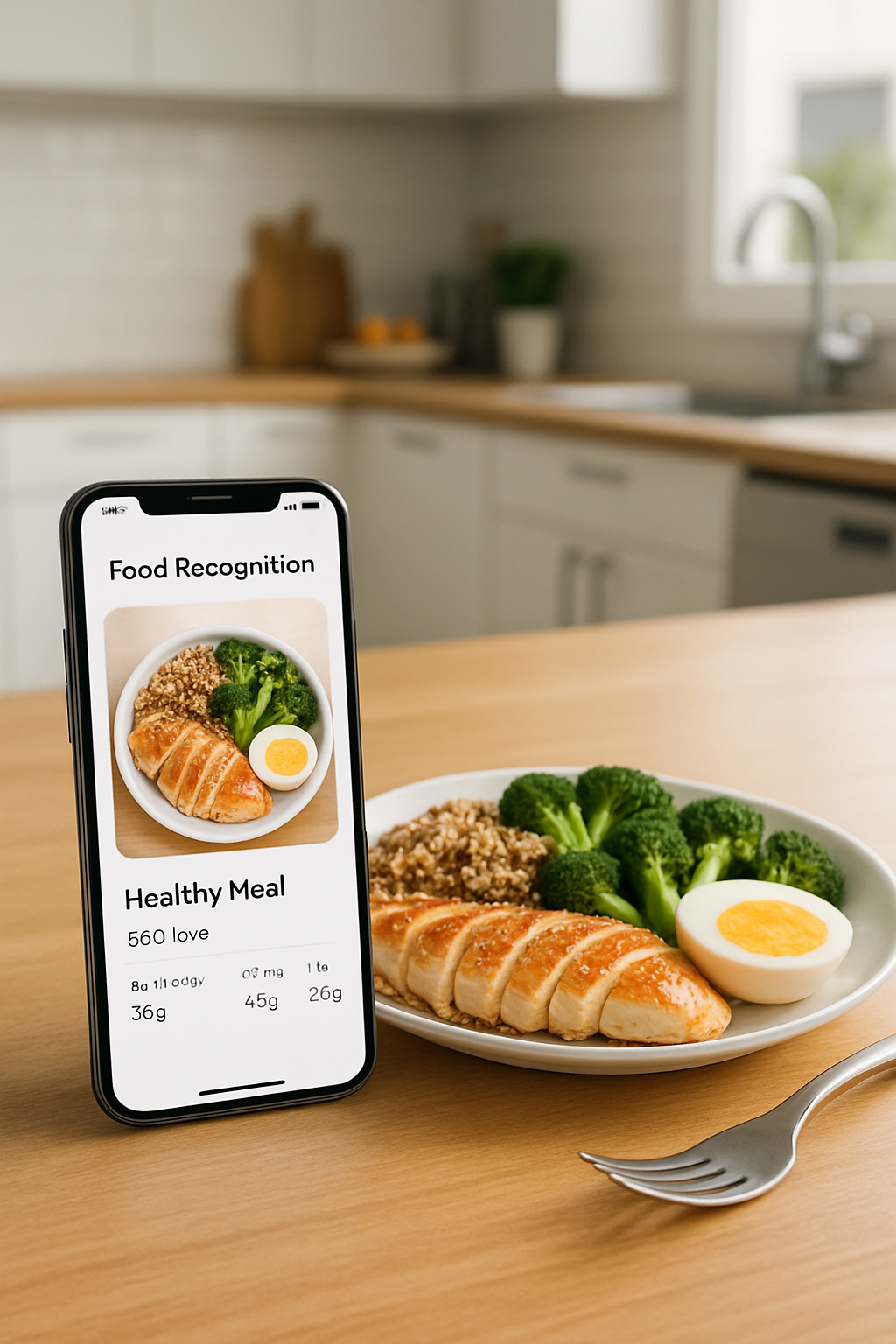 A healthy meal of salmon, quinoa, and vegetables on a plate, with a smartphone overlay showing the SnapEat AI food tracker analyzing the photo.