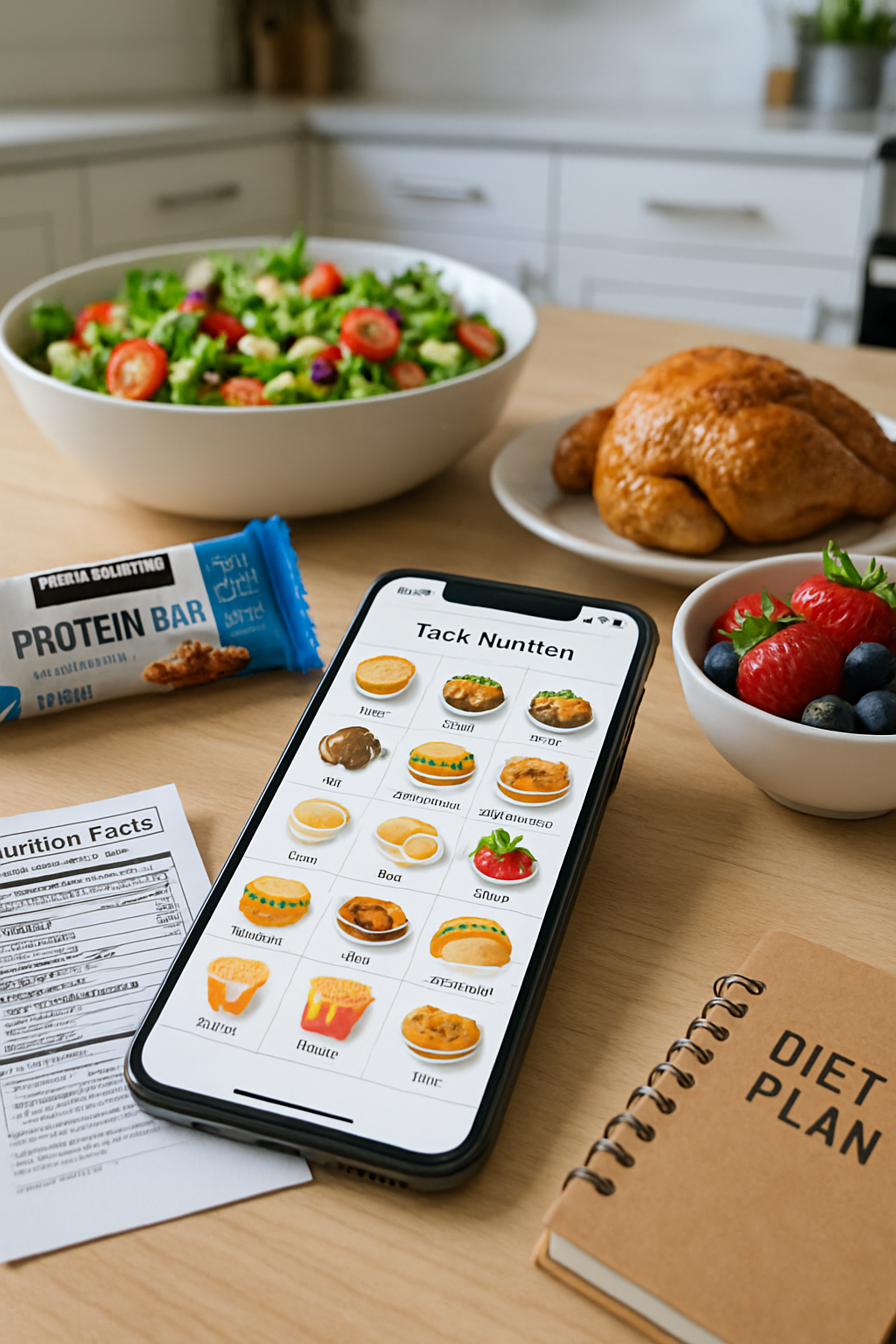 A smartphone running the SnapEat AI app, using its camera to identify and track the nutrition of a healthy meal with chicken and vegetables.