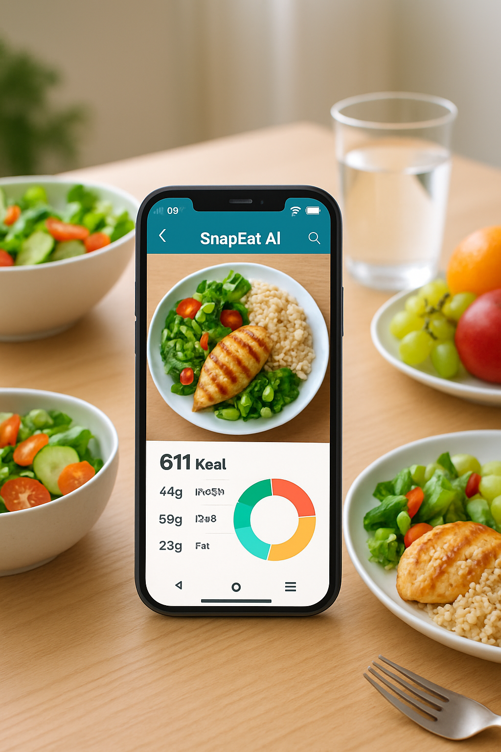 Smartphone displaying the EatSnapTrack AI seamless calorie counter app, analyzing a photo of a healthy meal.