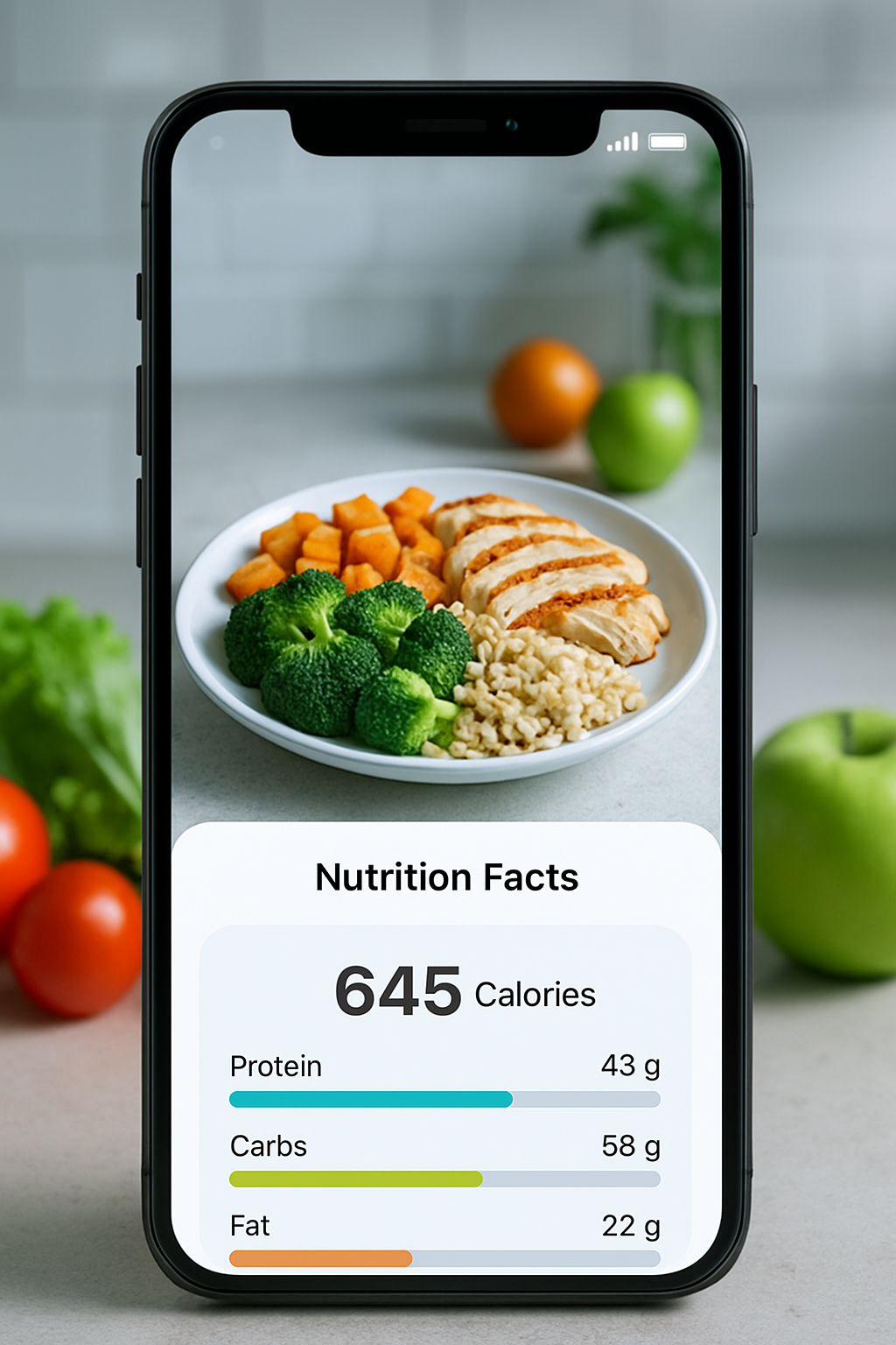 Poncho de Nigris using the SnapEat AI meal tracking app on his phone to log a healthy meal of salmon and vegetables.