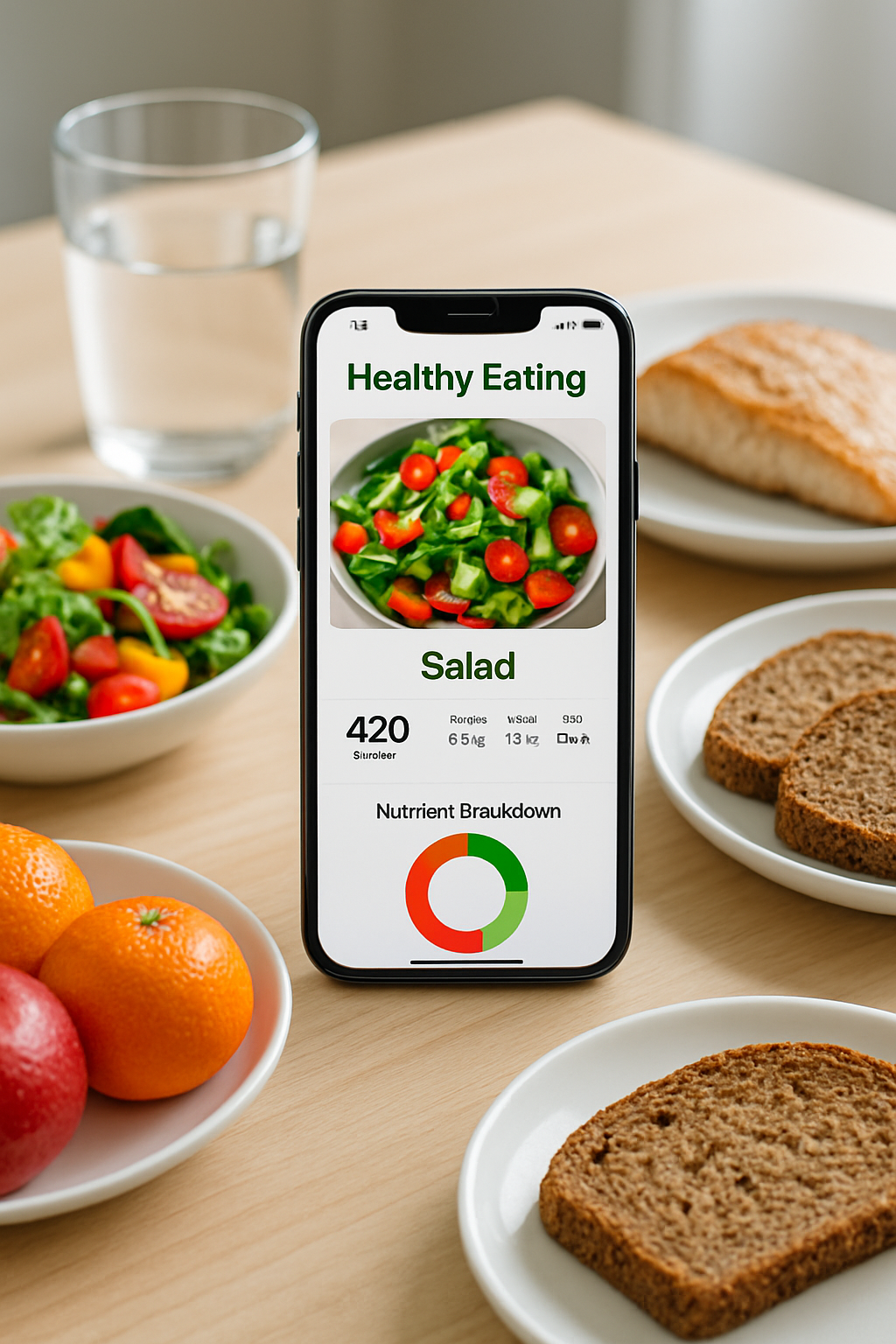 A person using the SnapEat AI calorie counter app on their phone to scan a plate of healthy food.