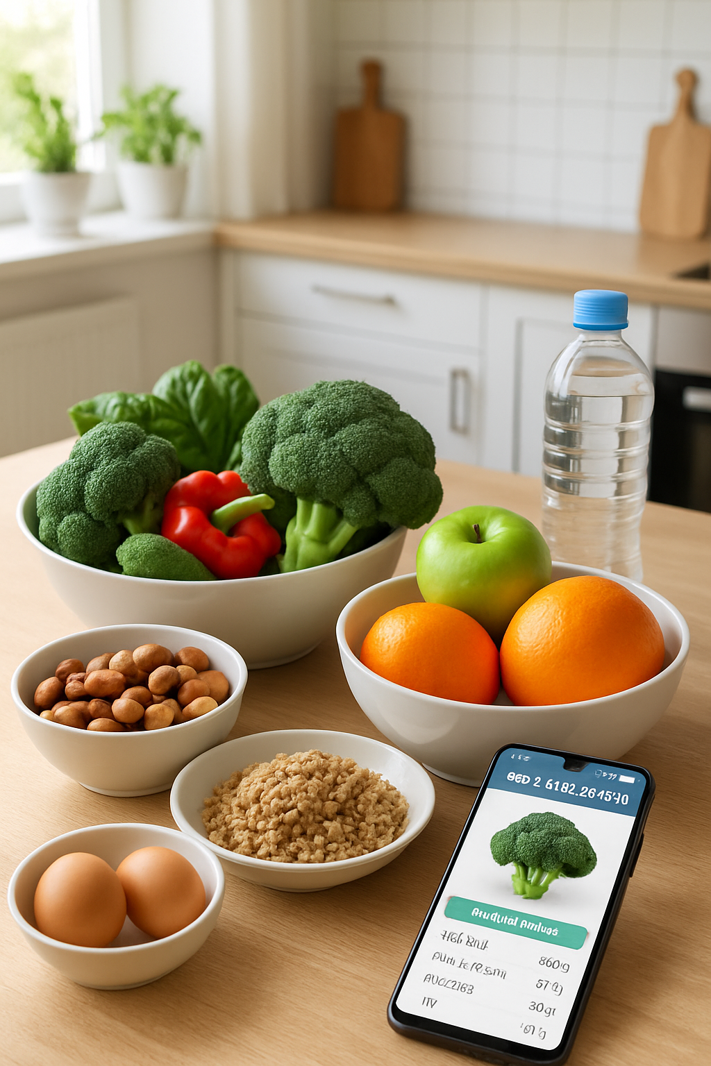 The SnapEat AI food coach app on a smartphone screen, analyzing a photo of a healthy meal with data overlays for calories and macros.