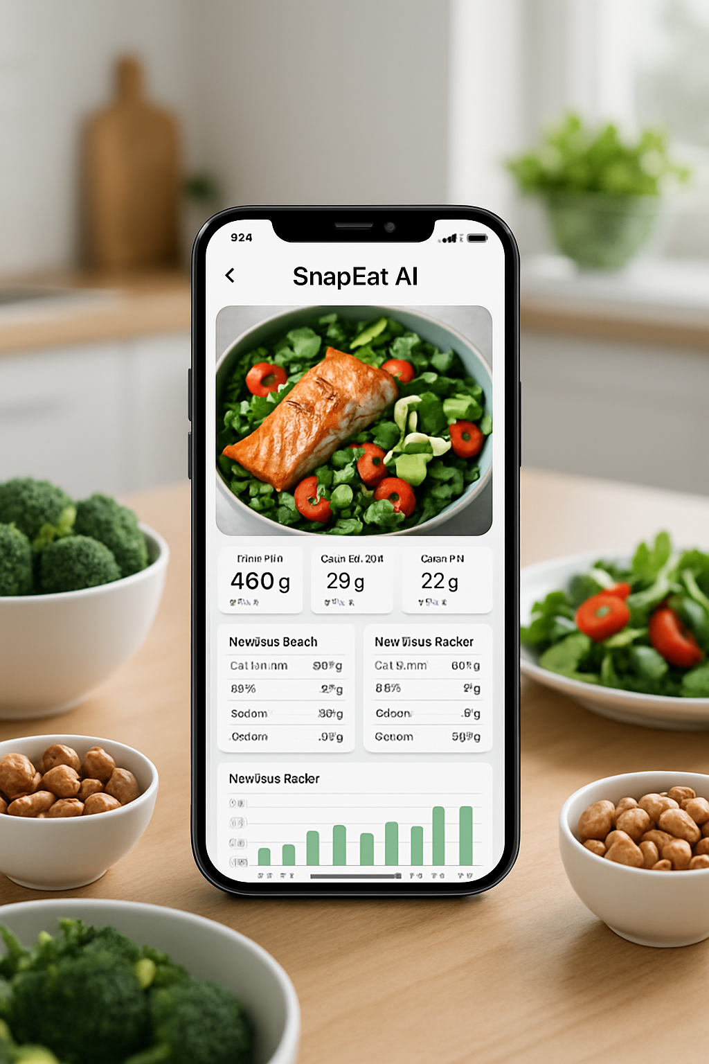 A smartphone displaying the SnapEat AI app analyzing a photo of a healthy salmon salad, demonstrating its function as a smart nutrition coach.