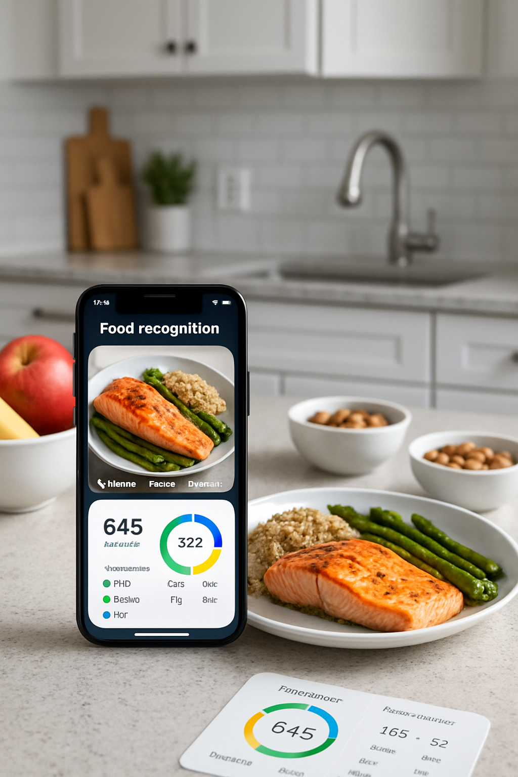 A smartphone showing the SnapEat AI nutrition tracker app interface, analyzing a photo of a healthy meal with salmon and vegetables.