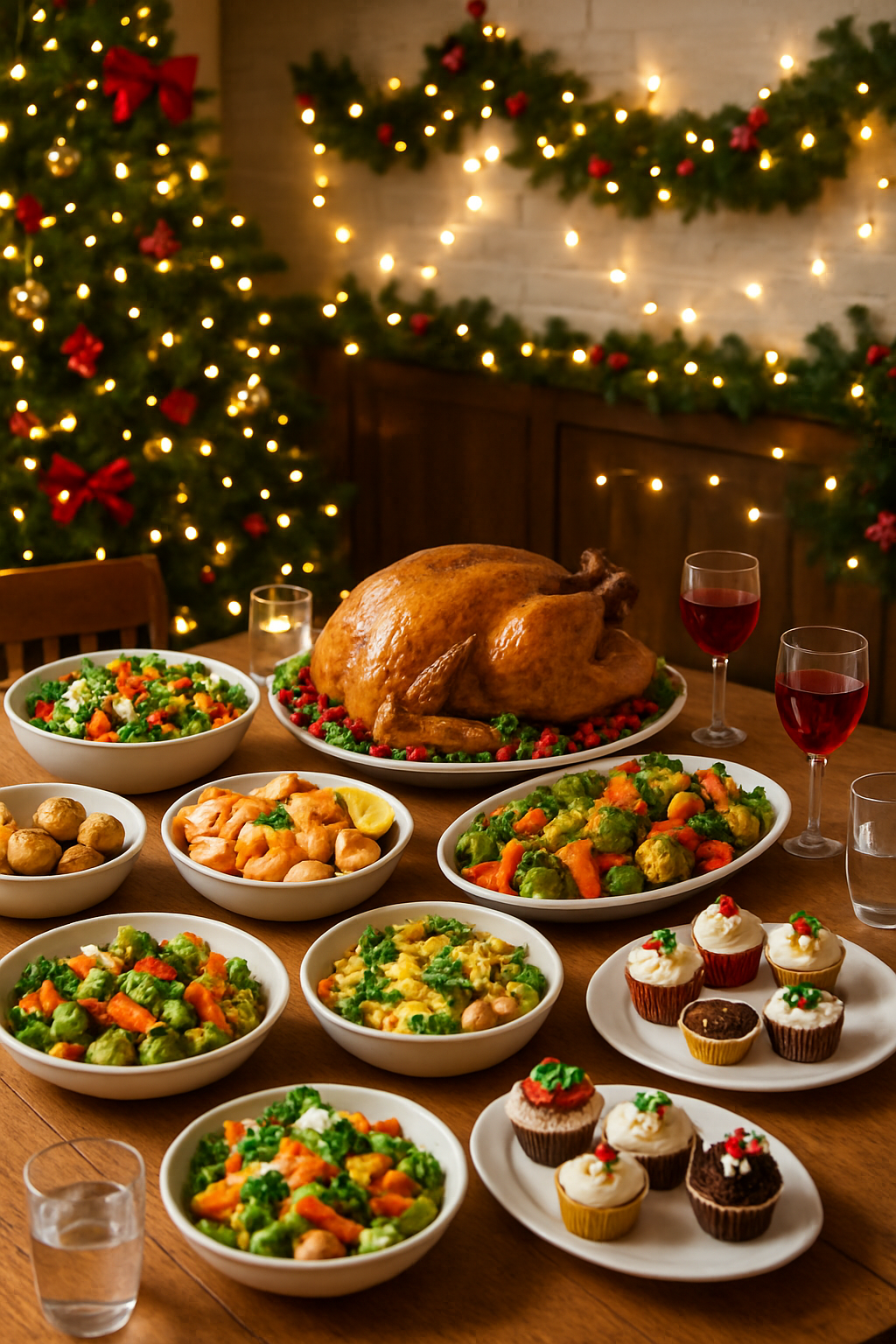 A festive Christmas party buffet table with healthy food choices, illustrating healthy holiday eating tips.