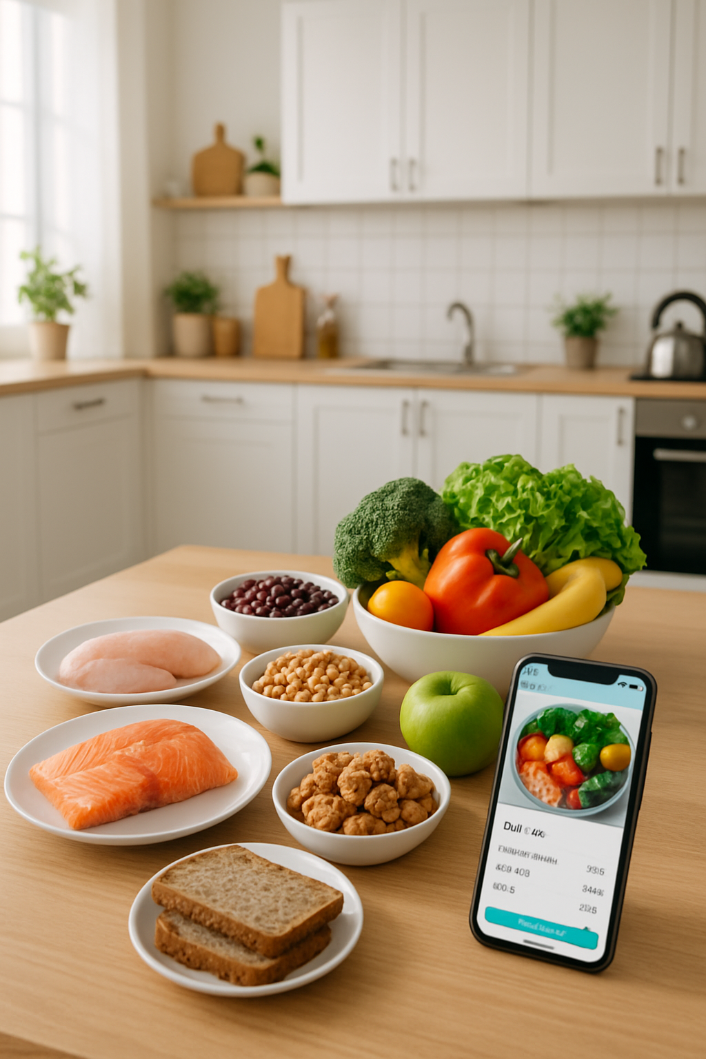 A senior woman smiling and using the SnapEat AI app on her phone to track the nutrition of her healthy salad.