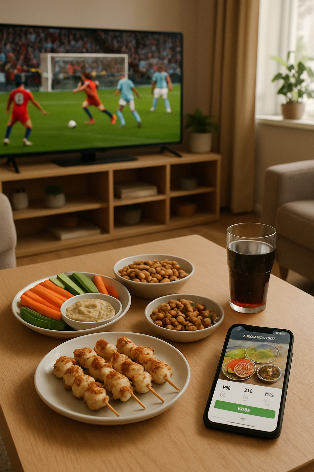 A smartphone showing the SnapEat AI app analyzing a plate of healthy game day snacks like veggie sticks and hummus.
