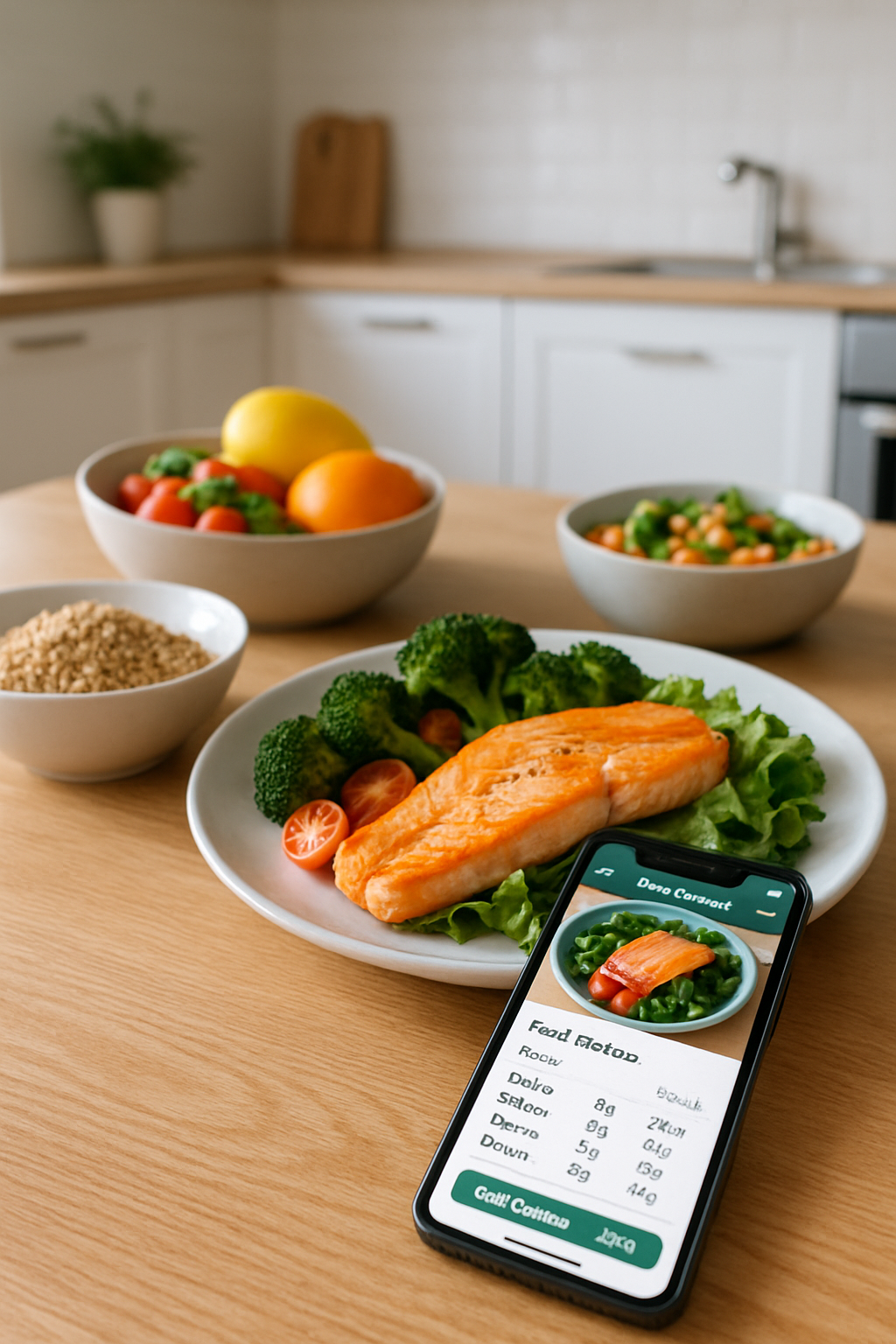 A person using the SnapEat AI food recognition app on their smartphone to scan a healthy meal of salmon, rice, and vegetables.