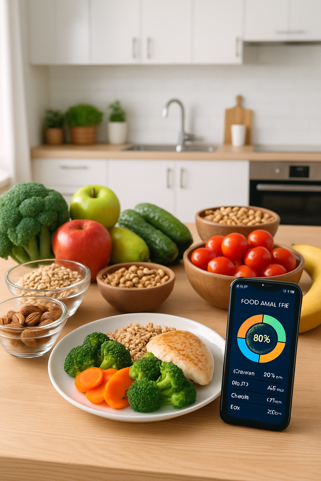 A smartphone showing the SnapEat AI nutrition tracker app interface, with a healthy meal in the background, illustrating proactive health management.