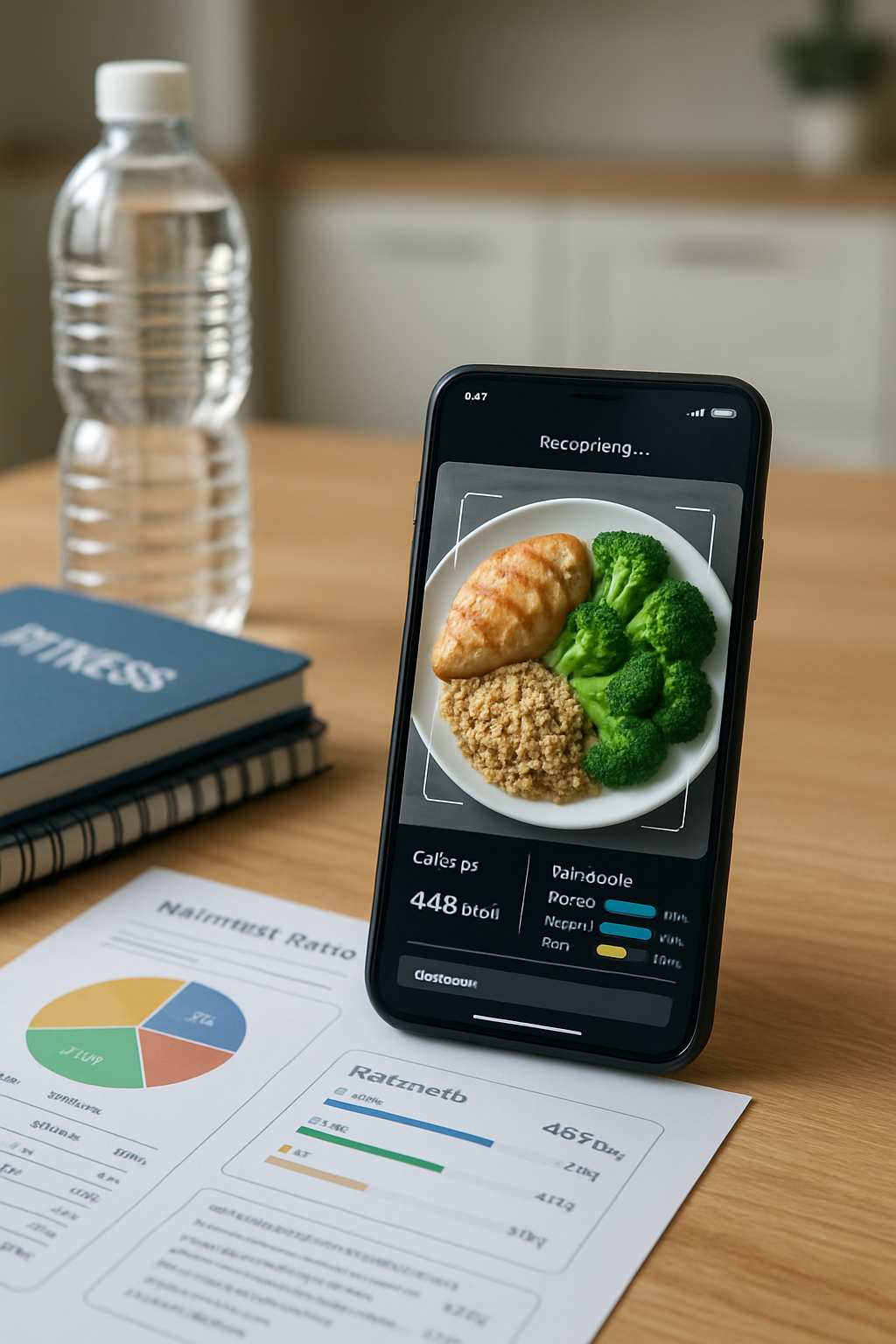 A smartphone using the Peak Nutrition AI food recognition app to analyze the calories and macros of a healthy meal with salmon, quinoa, and vegetables.