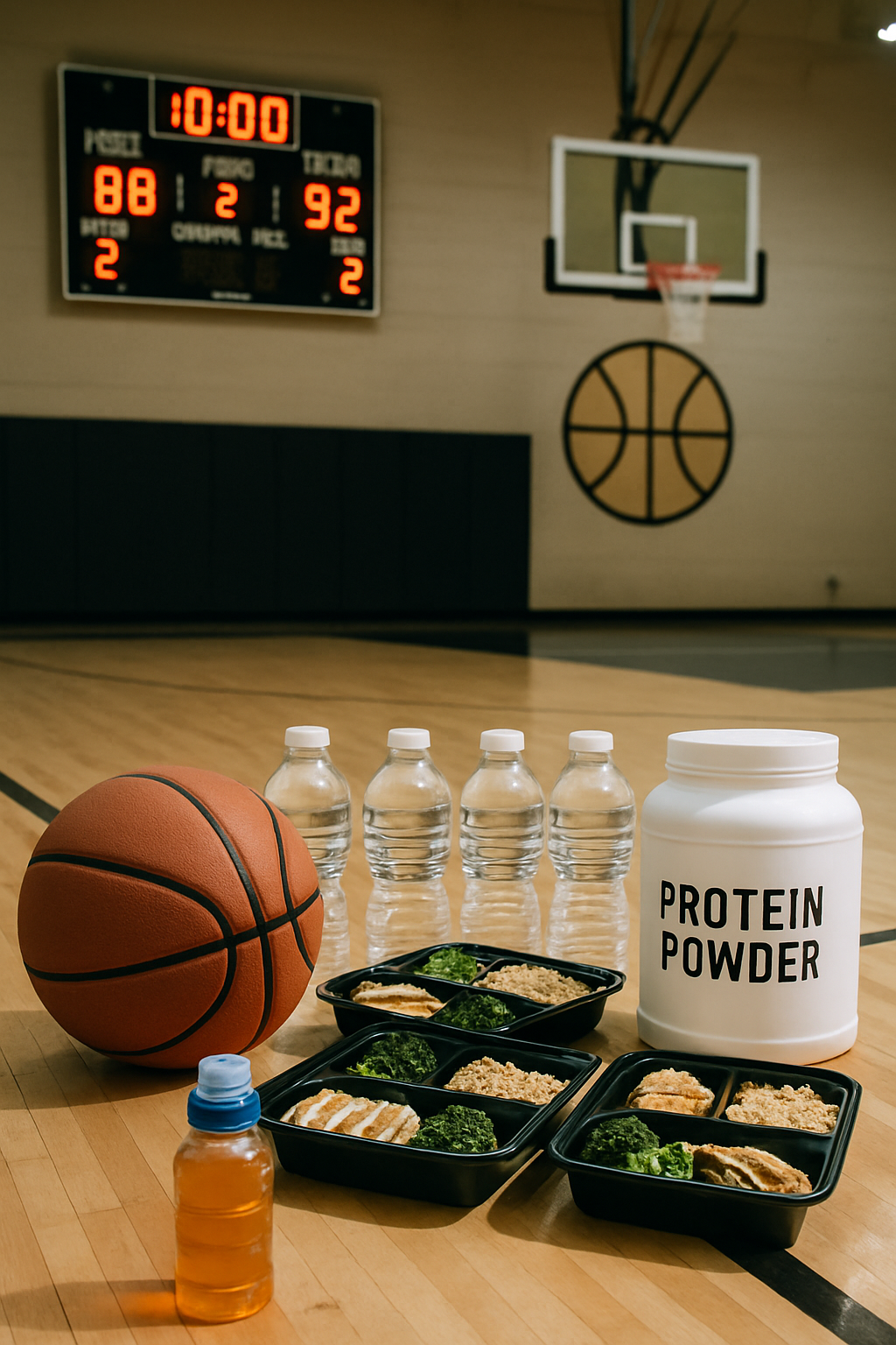 A phone displaying the SnapEat AI nutrition tracker app with a basketball game (Magic vs Hawks) in the background, symbolizing sports nutrition.