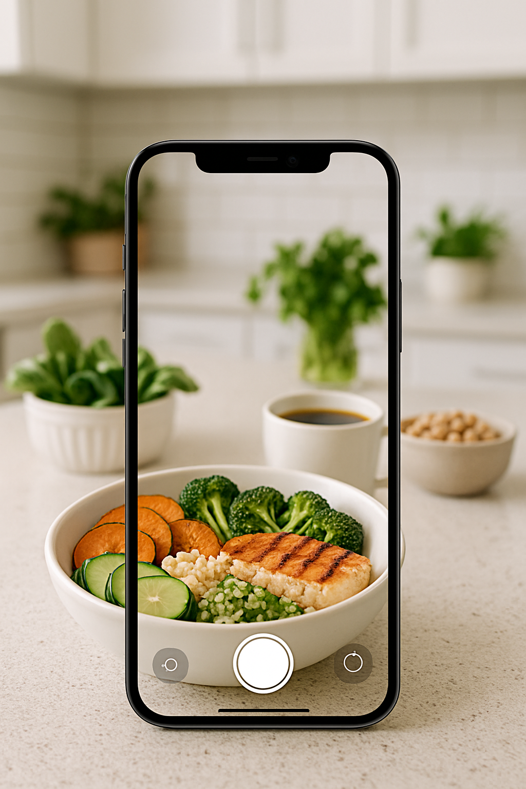 Smartphone showing the SnapEat AI app analyzing a photo of a quinoa salad to provide nutritional information.