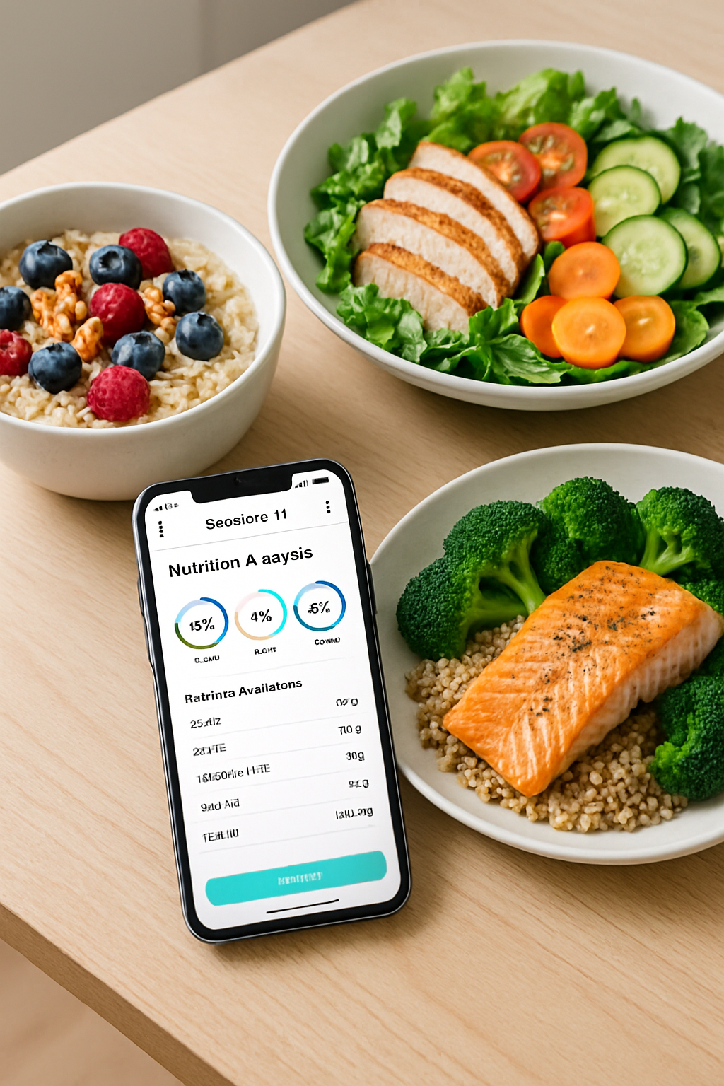 A busy professional using the SnapEat AI nutrition tracker app by taking a photo of a healthy meal with their smartphone.