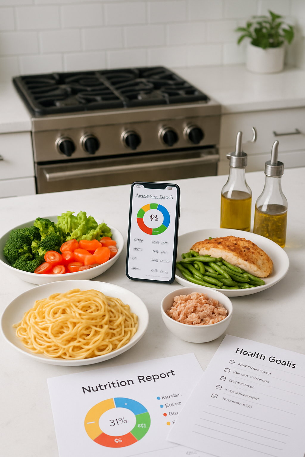 Smartphone showing the SnapEat AI calorie tracking app analyzing a photo of a healthy meal with chicken and vegetables.