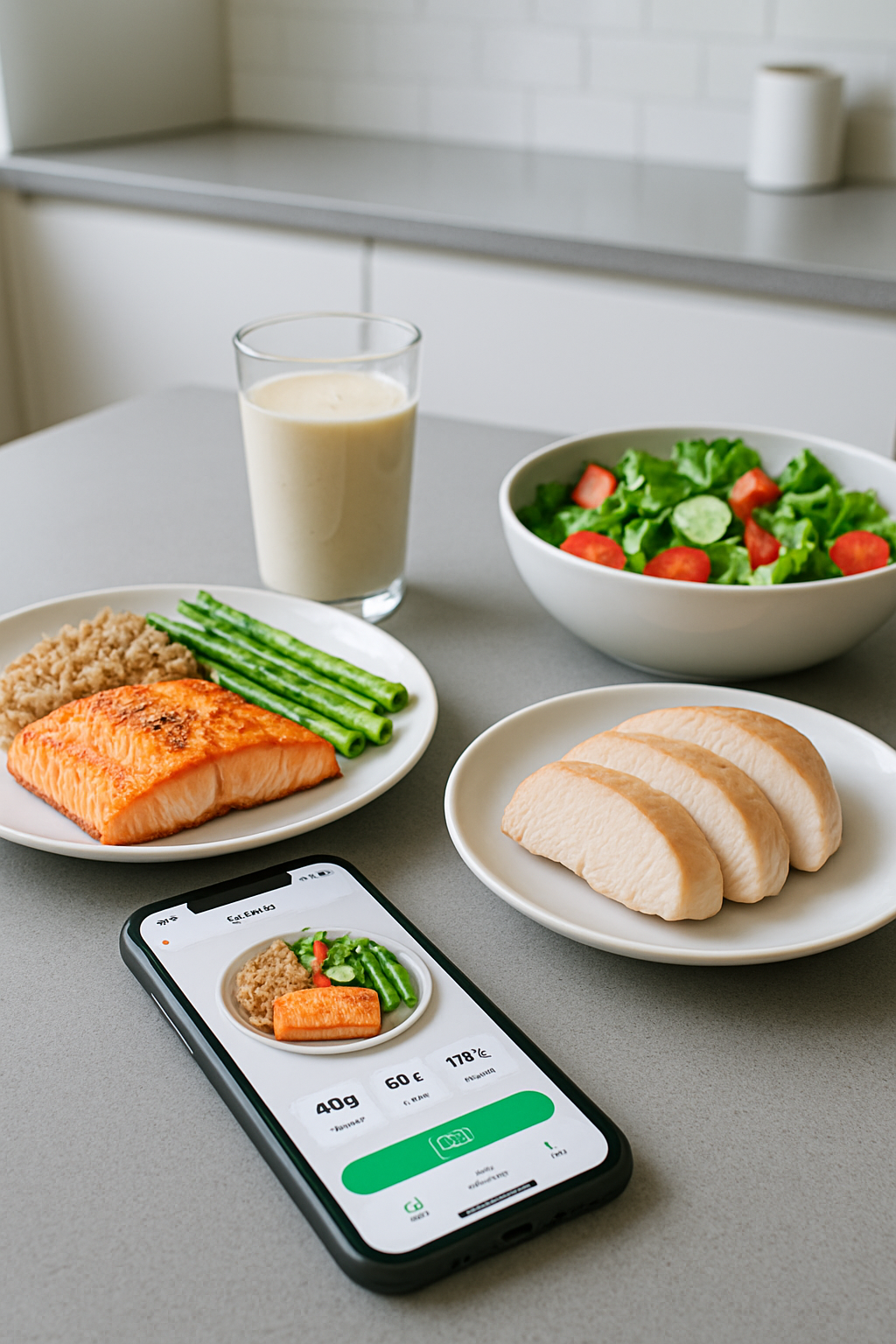 Smartphone running SnapEat AI food recognition app, scanning a healthy meal to track calories for achieving the Gavi goal physique.