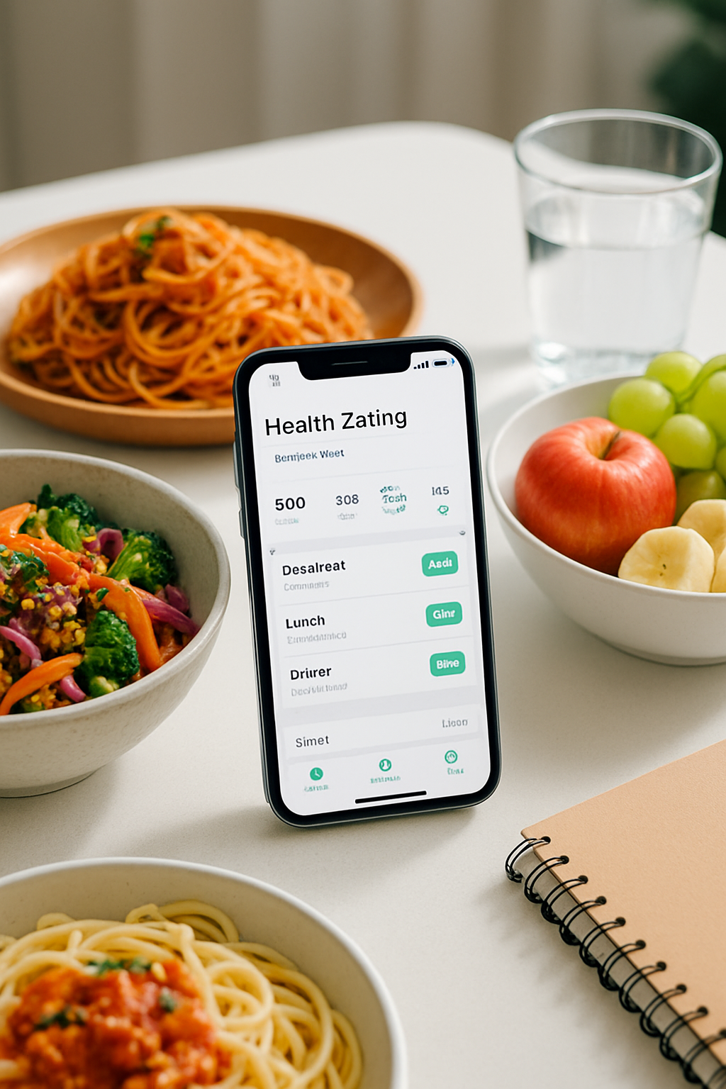 A smartphone using the SnapEat AI calorie counter app to analyze a colorful bowl of Korean food through photo recognition.