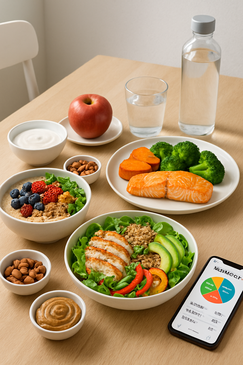 A healthy athlete meal of salmon and sweet potato with a phone showing the SnapEat AI nutrition coach app interface.