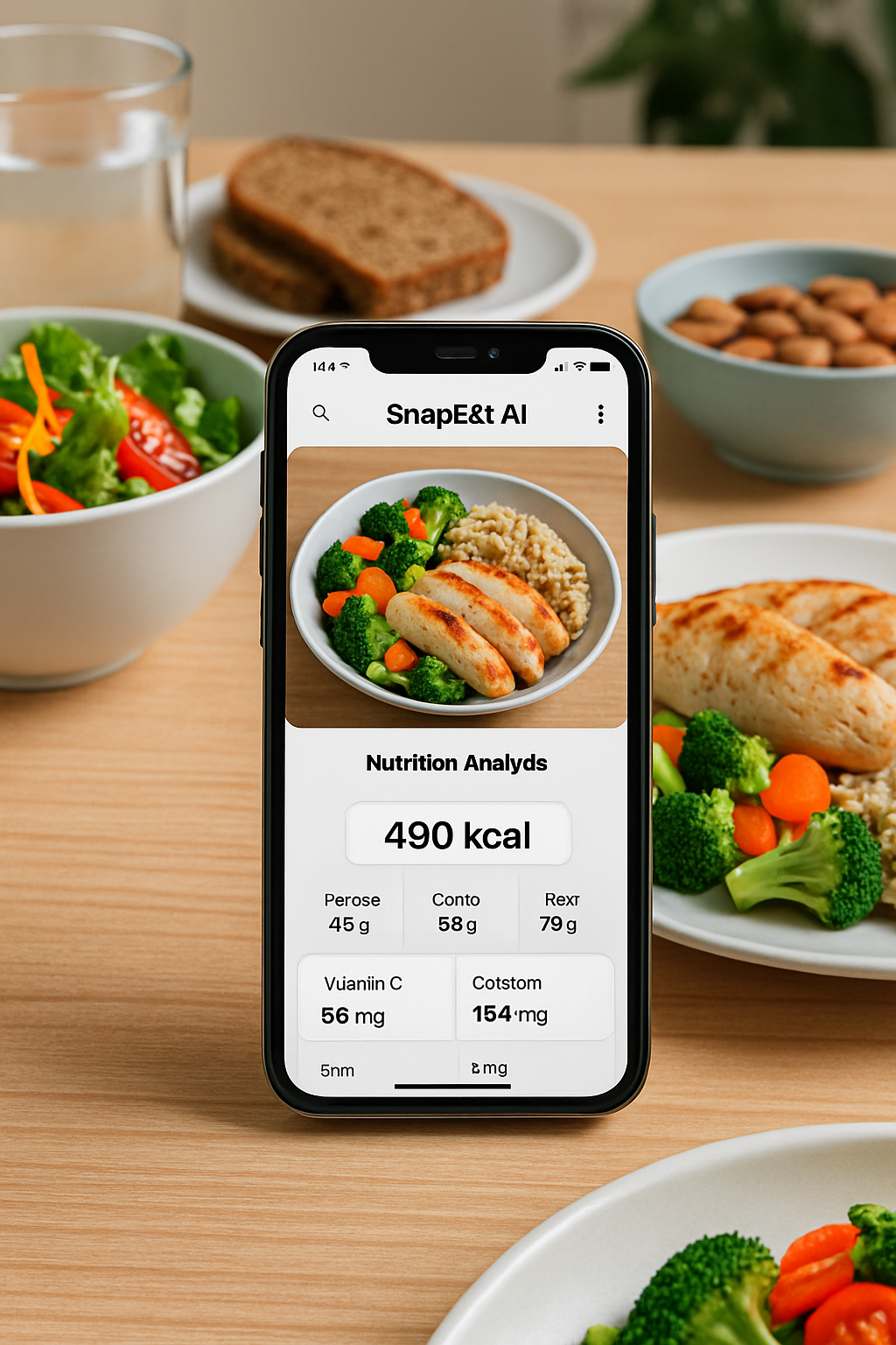A smartphone displaying the SnapEat AI app interface, analyzing a photo of a healthy meal to help achieve health goals.