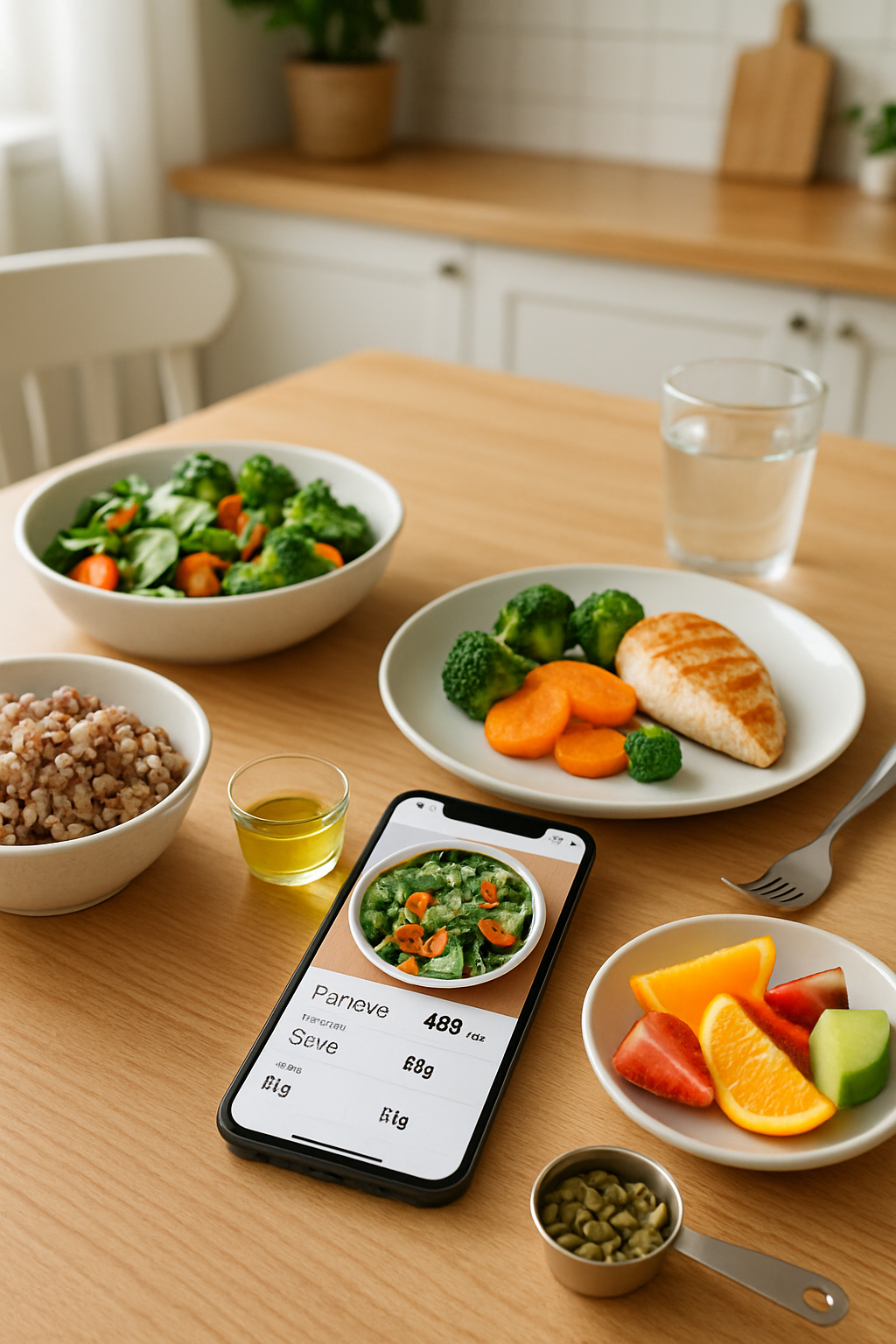 Smartphone screen showing the SnapEat AI app interface analyzing a photo of a quinoa salad for calorie and macro tracking.