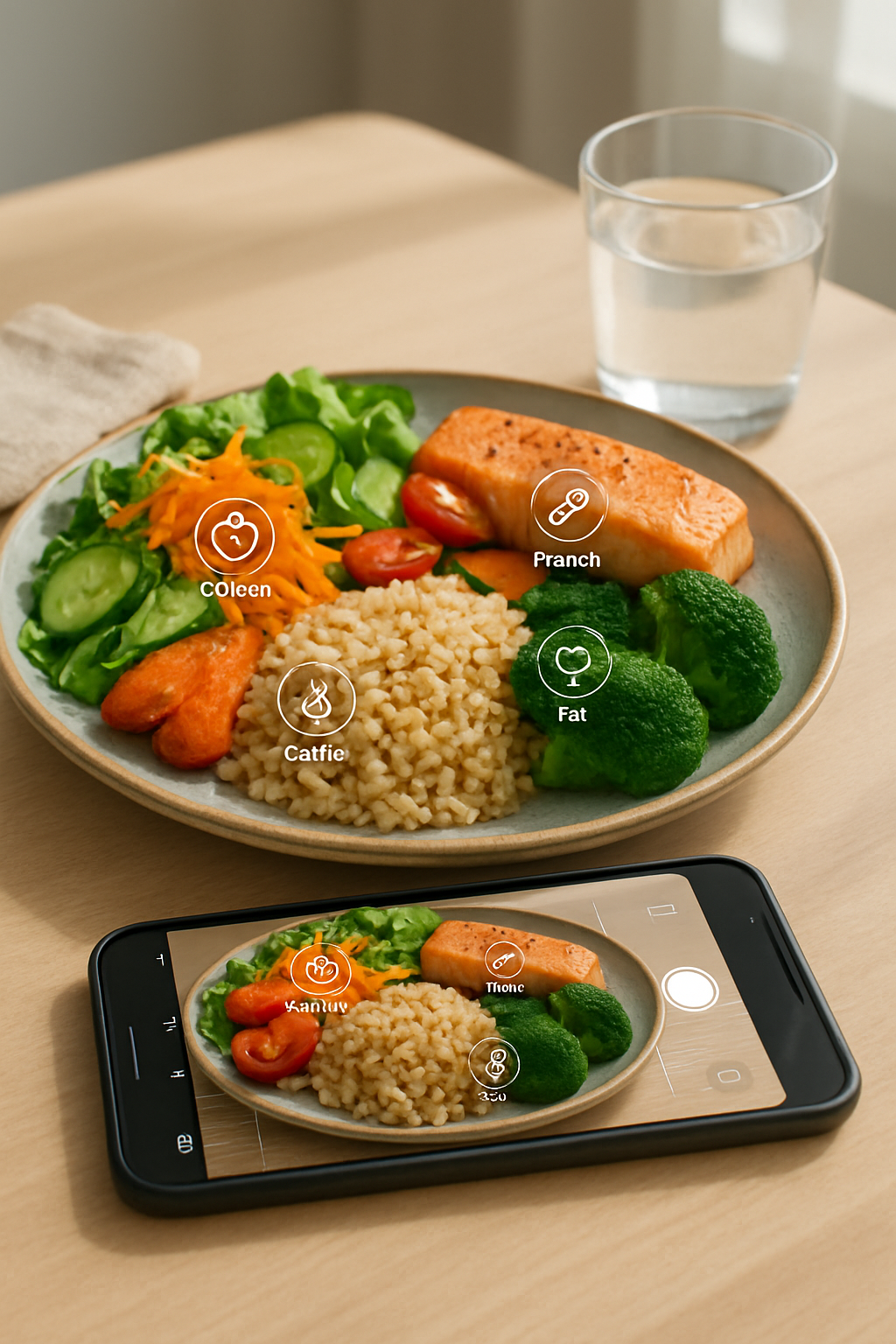 SnapEat AI app interface on a smartphone showing calorie and macro analysis of a healthy meal.