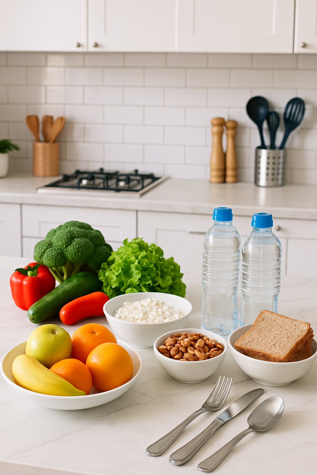 A healthy and colorful meal on a plate, with a smartphone using SnapEat AI to recognize the food and track calories.
