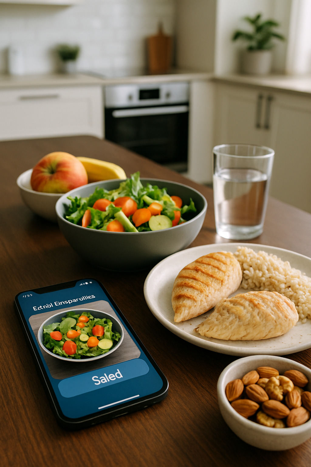 Smartphone showing the SnapEat AI smart food coach app analyzing a meal for a 2024 health journey.