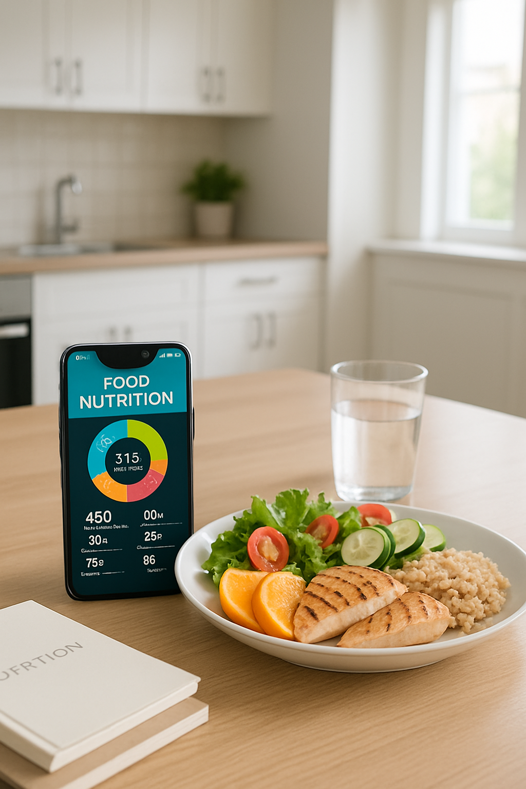 A smartphone displaying the SnapEat AI food recognition app analyzing a bowl of healthy salad and providing nutritional data