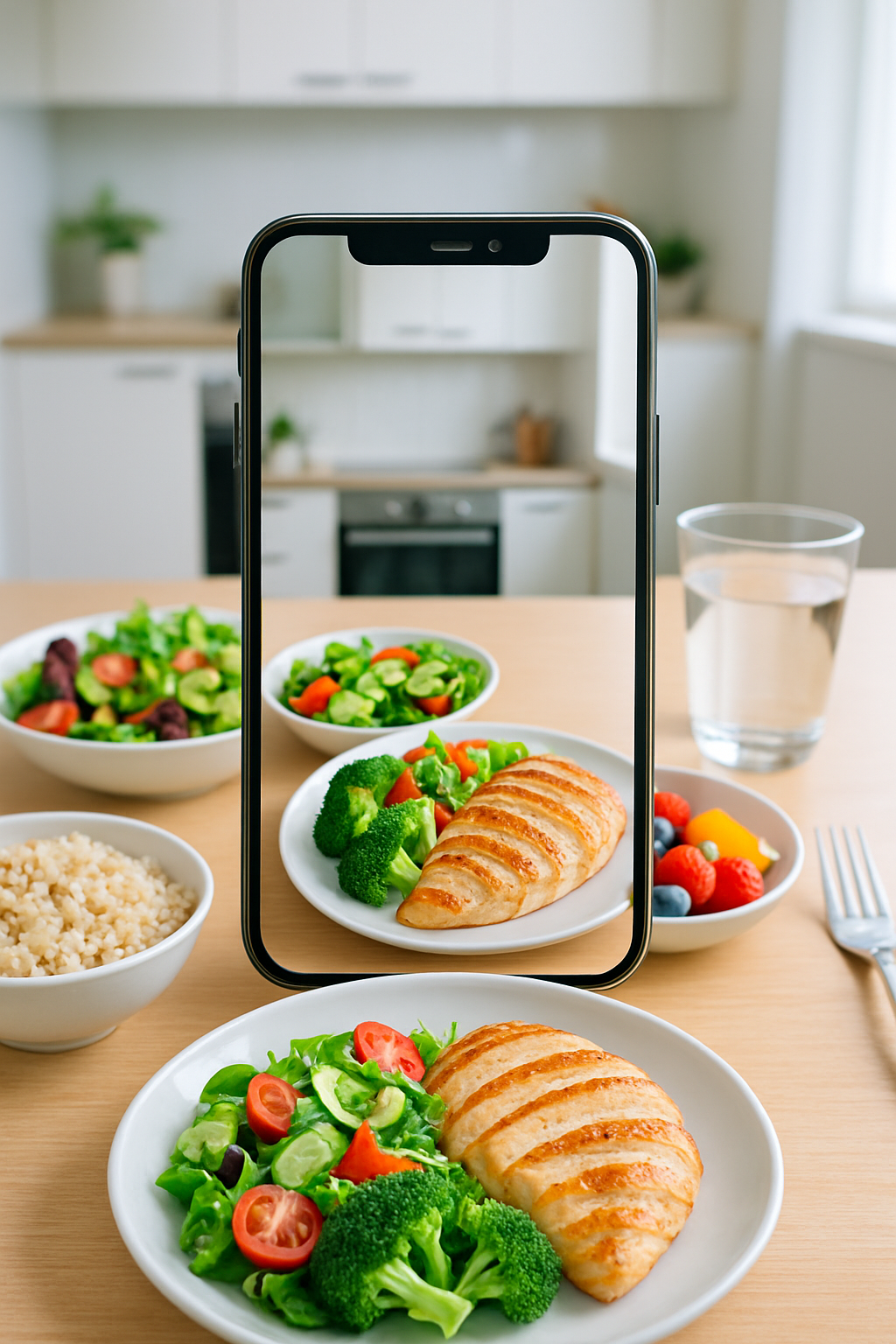 Smartphone displaying SnapEat AI's smart food recognition feature analyzing a plate of salmon and vegetables.
