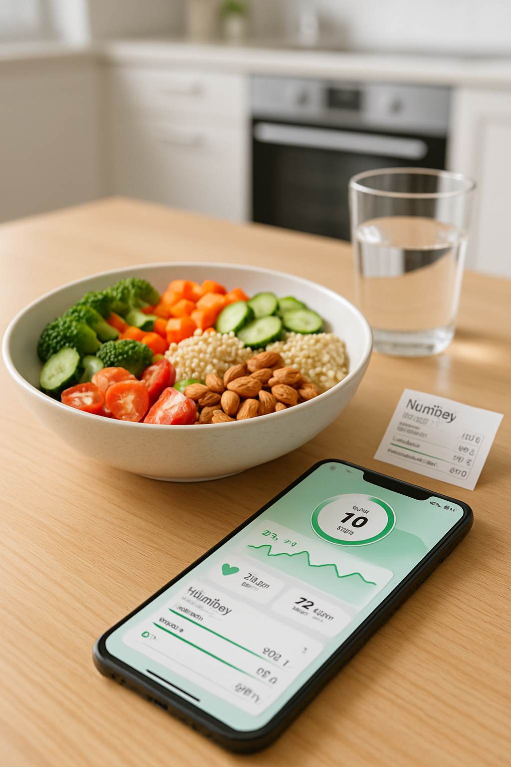 Smartphone showing the SnapEat AI app analyzing a photo of a healthy meal with nutritional data.