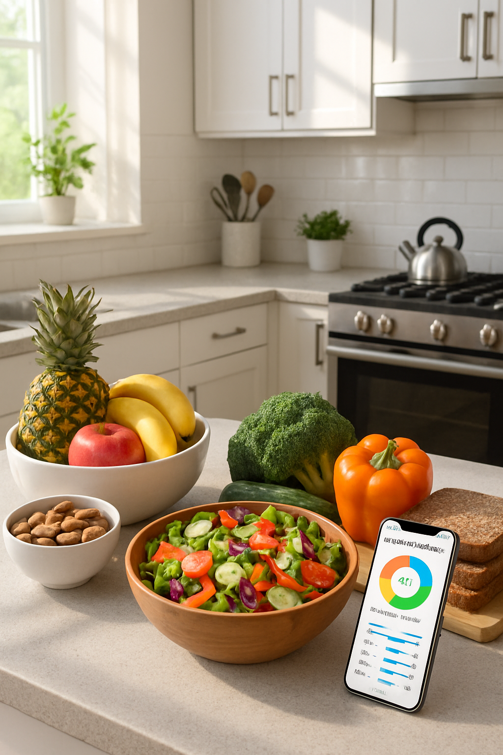 A smartphone displaying the SnapEat AI nutrition coach app analyzing a photo of a healthy meal to help the user meet health goals.