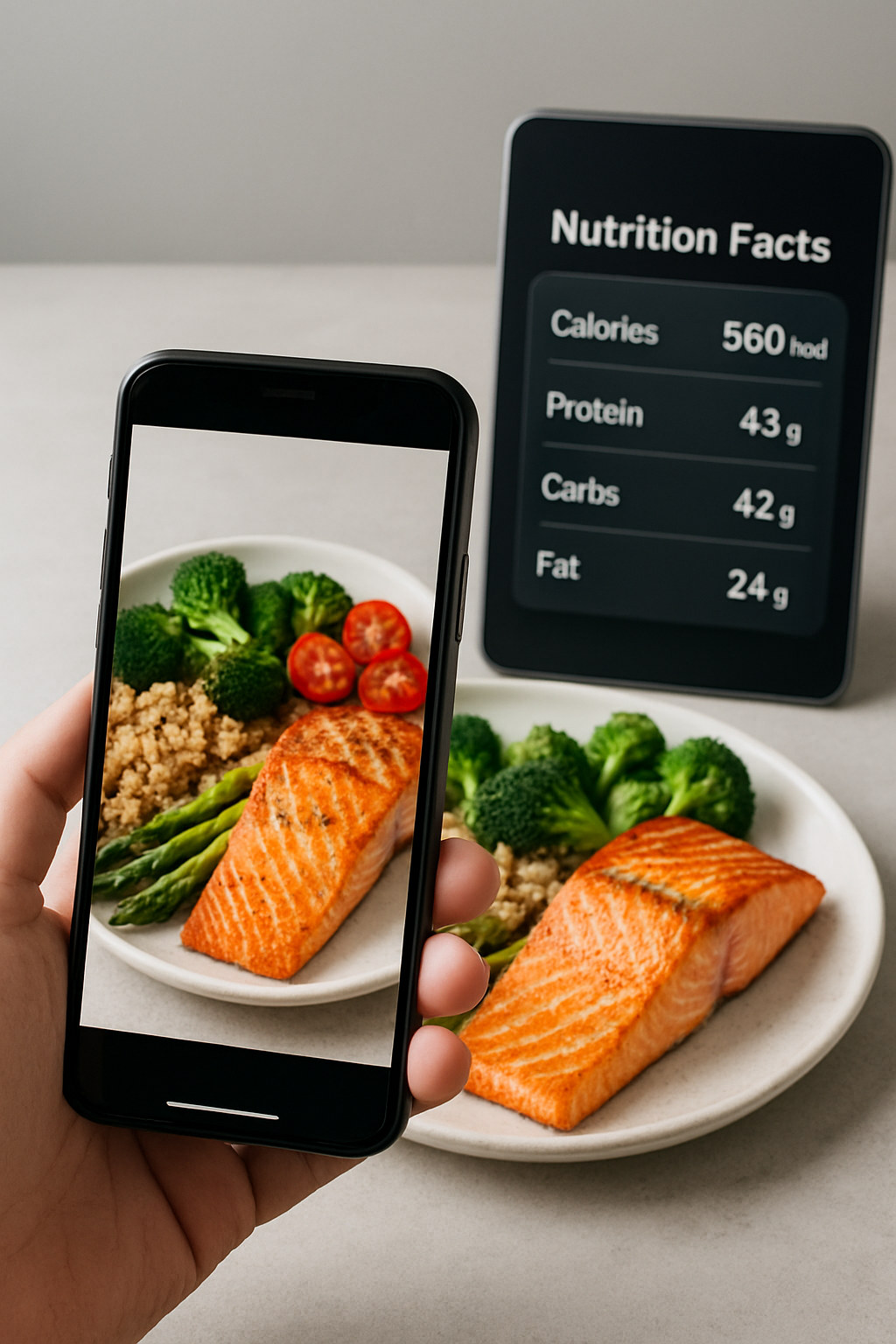 Smartphone showing the SnapEat AI app interface analyzing a photo of a salmon and vegetable meal