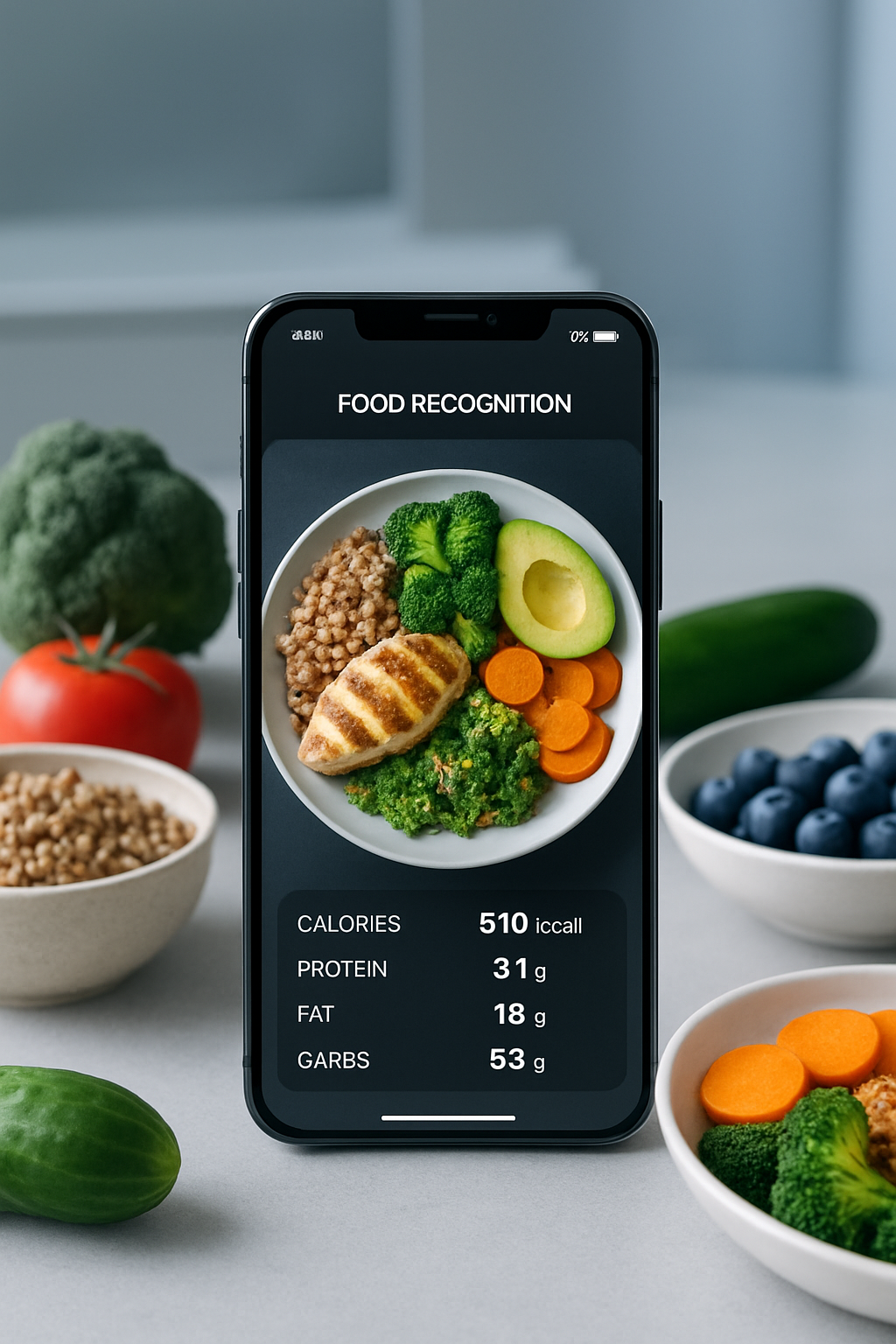 A person using the SnapEat AI nutrition app on their smartphone to track a bowl of salad by taking a photo.