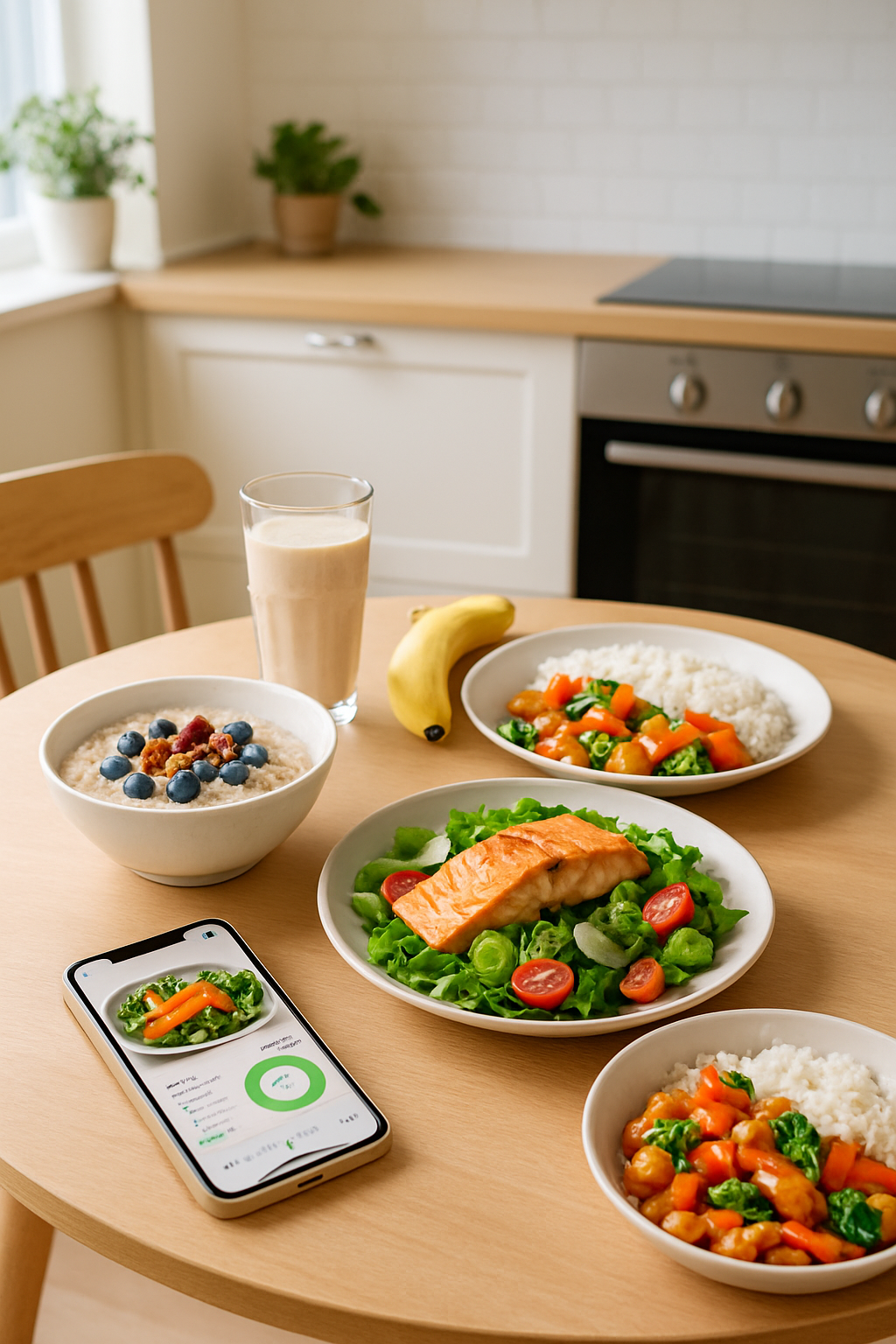 A smartphone showing the TrackEasy AI food tracking app analyzing a plate of salmon salad, illustrating effortless AI food tracking.
