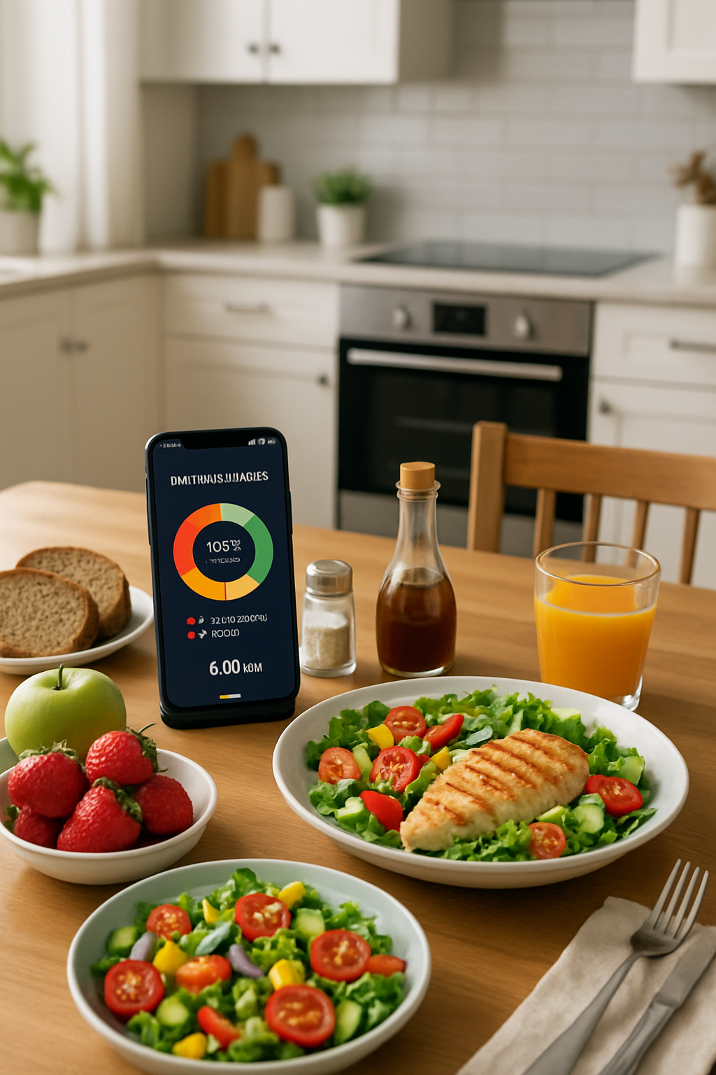 A smartphone using the SnapEat AI food tracker app to instantly analyze a healthy meal of salmon, asparagus, and lemon by photo.