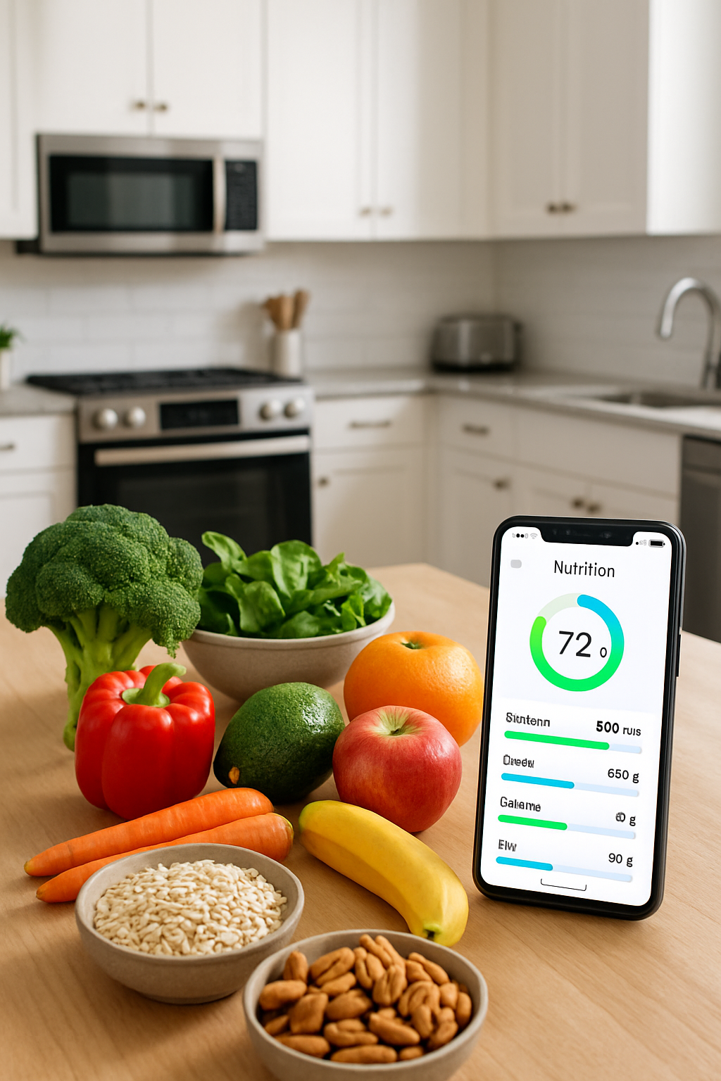 A smartphone displaying the SnapEat AI app interface with AI photo food recognition analyzing a healthy meal.