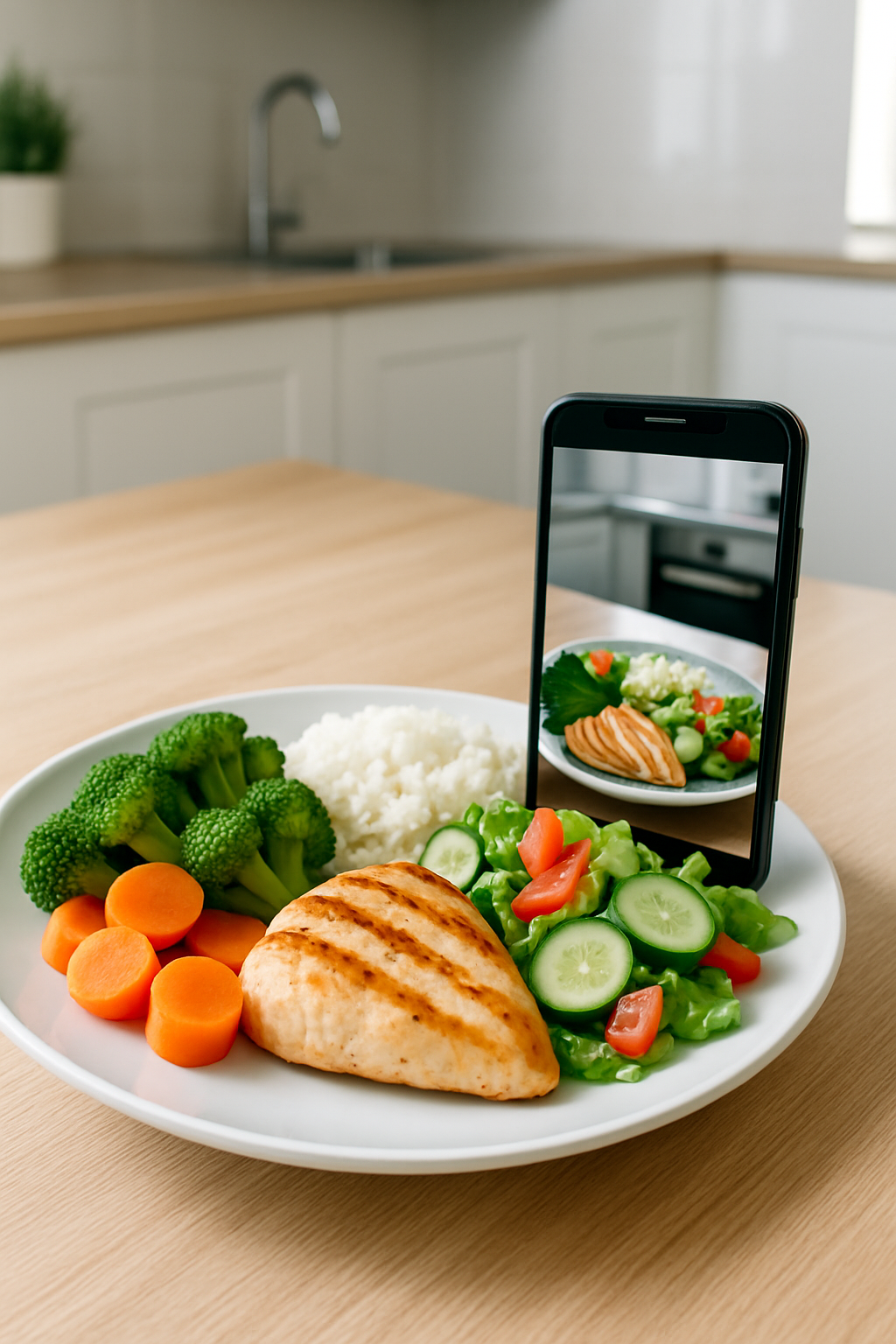 A smartphone using an AI nutrition tracker app to analyze a healthy meal by photo.