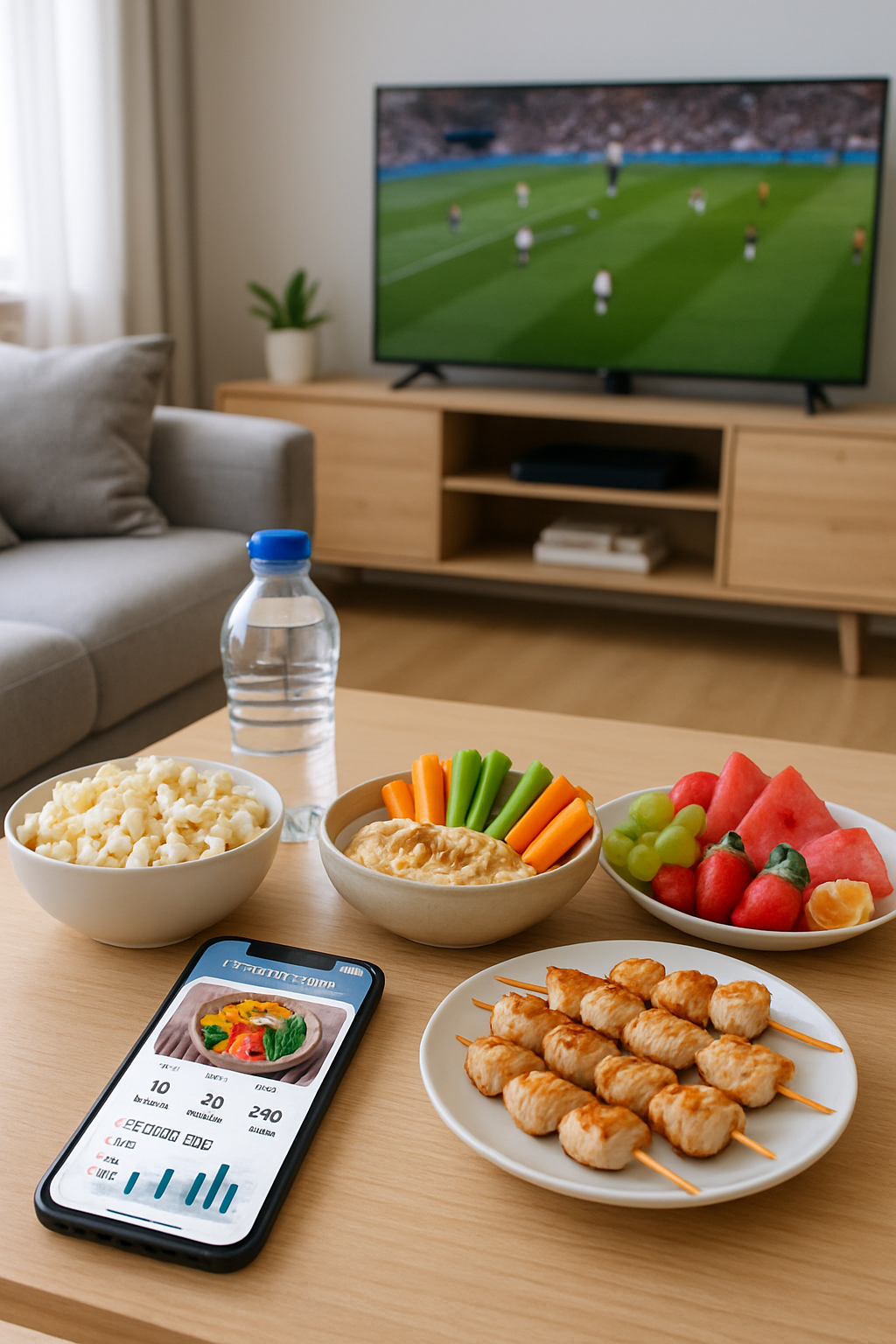 A person watching a World Cup soccer match on TV while using the SnapEat AI calorie tracker app on their phone to scan a healthy snack.