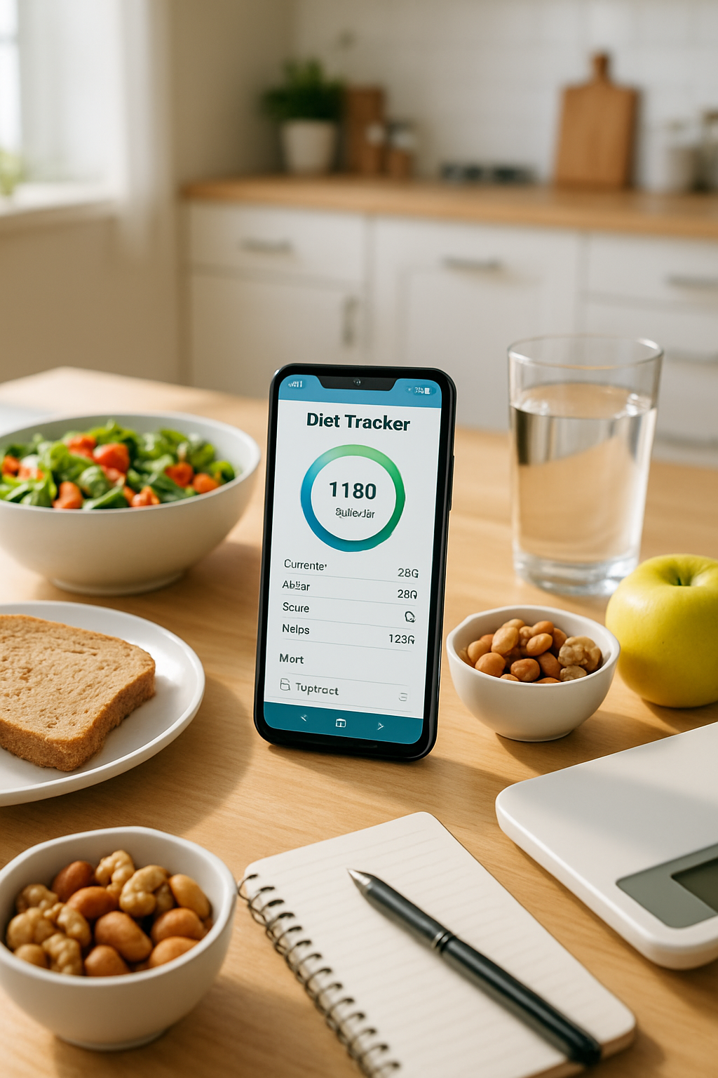 A phone displaying the SnapEat AI meal tracking app next to a healthy meal, part of the Ferran Torres Challenge.