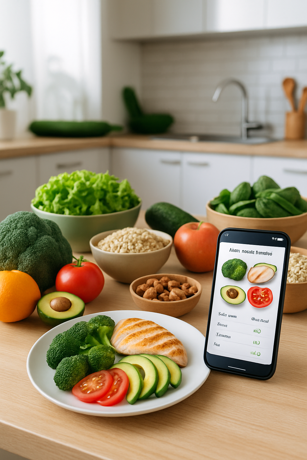 Smartphone displaying the SnapEat AI food tracker app analyzing a meal for the #abril wellness challenge.
