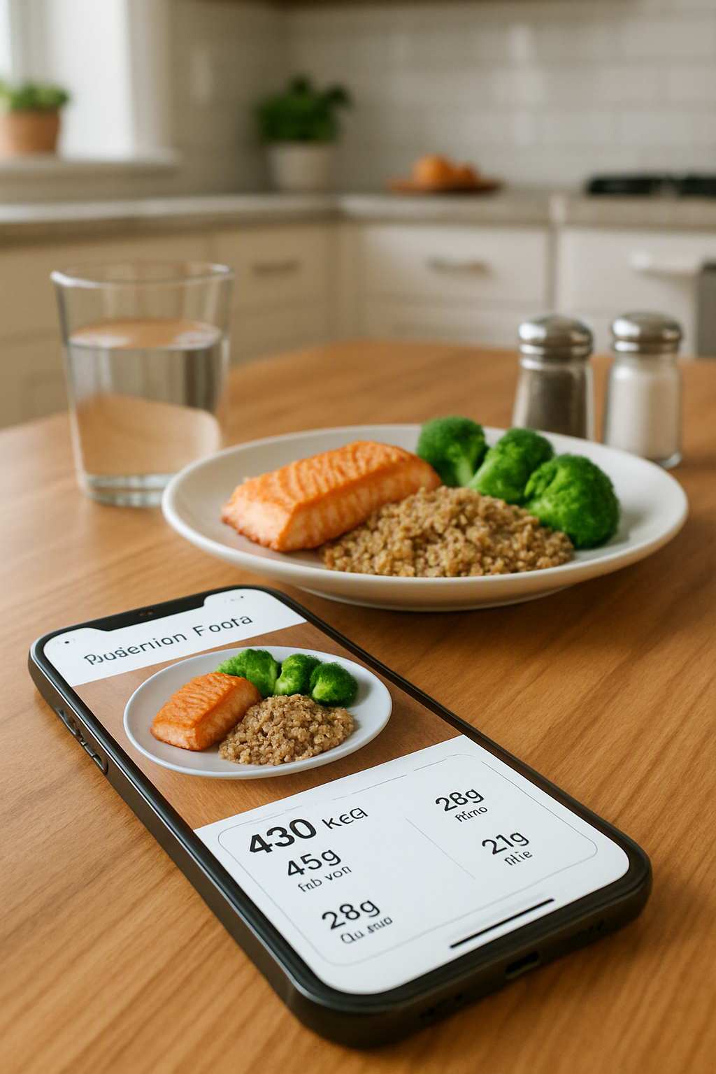 A smartphone screen showing the SnapEat AI app interface after analyzing a photo of a healthy meal with salmon and vegetables.
