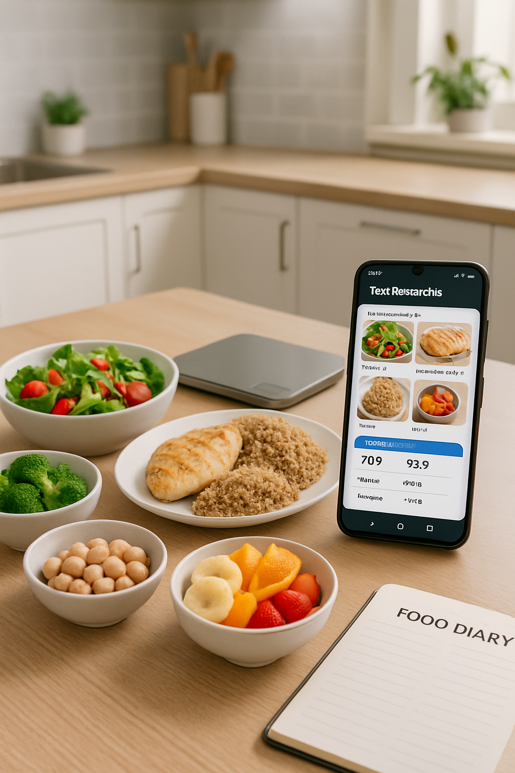 A smartphone using an AI nutrition tracker app to analyze a healthy meal of salmon, quinoa, and vegetables.